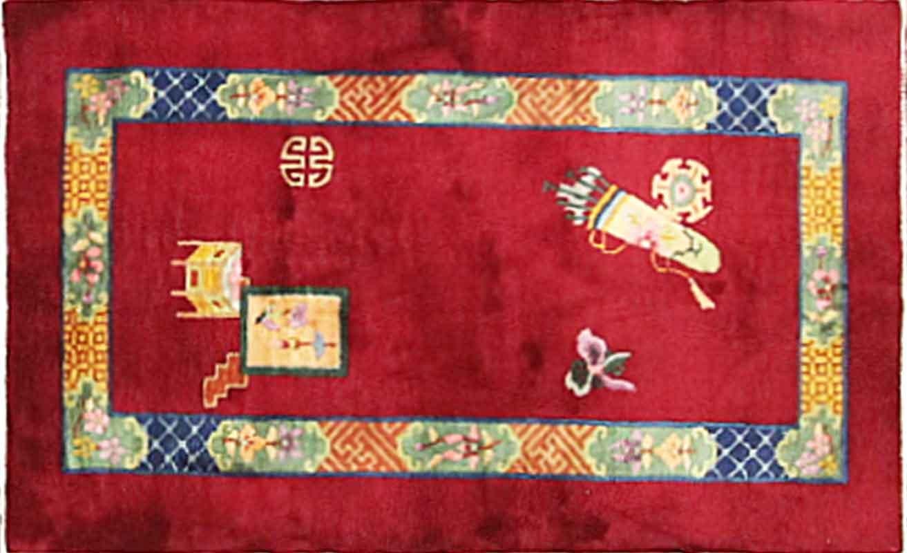Please ask me for the best way for shipping.
Antique art deco Chinese rug, c-1920's, made of natural dyed wool with red background color and multi colors border, designed with traditional Chinese symbolisms, describer's the worlds knowledge.
It's in