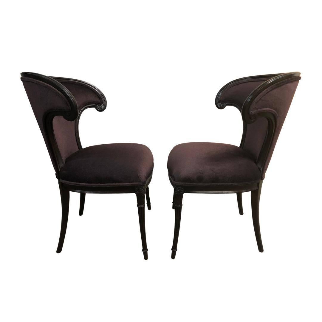 70 years later these chairs are still relevant and stunning. Completely restored with an almost black stain and cocoa aubergine mohair.

Dimensions: 26
