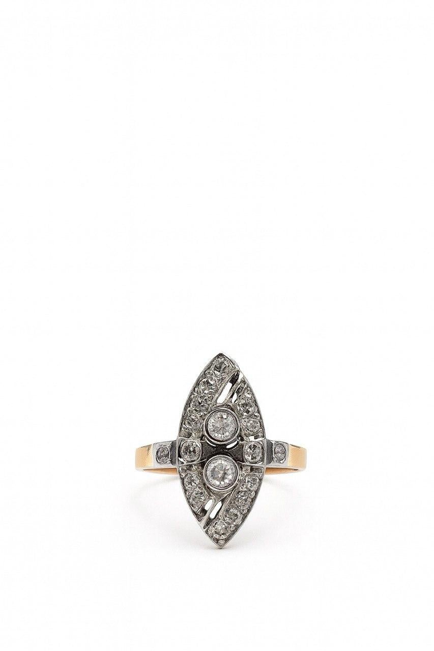 Bague navette russe Art déco ancienne en or 14 carats avec diamants taille rose en vente 5