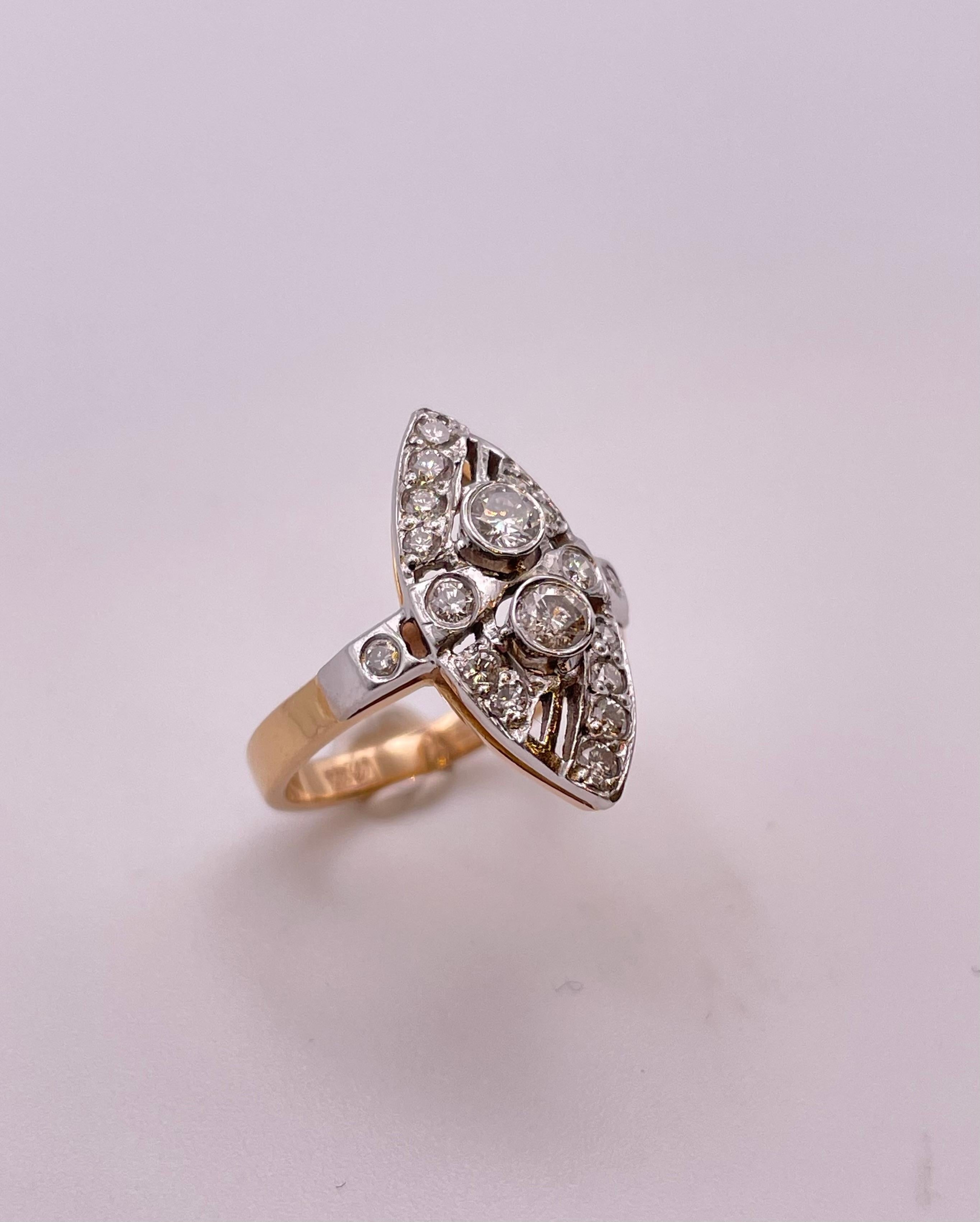 Beautiful Antique Rose cut Diamond Navette Ring set in 14K Gold .
There are rose cut diamonds on the top of the ring in a navette shape and the ring is in great condition .
this ring made early 20th century ( 1920-1930 )