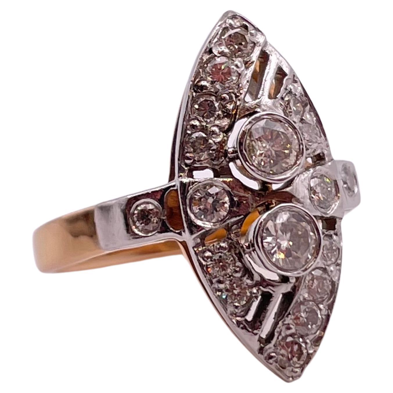antique Art Deco Russian 14k Gold Rose Cut Diamond Navette Ring
