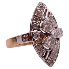 Antiguo Anillo Navette de Diamantes de Corte Rosa en Oro Ruso Art Decó de 14k