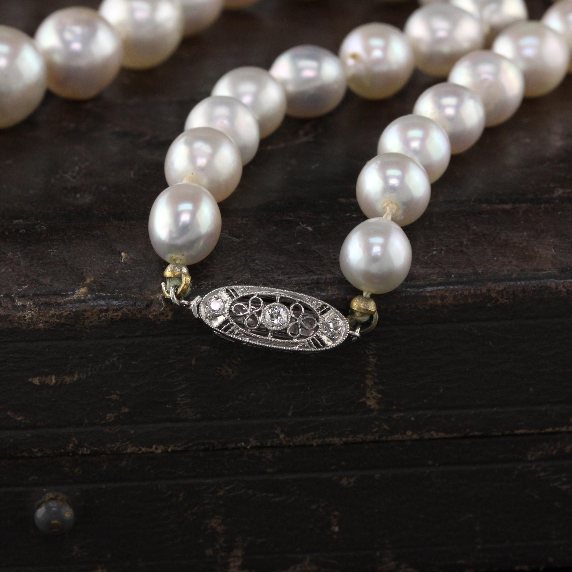 Gorgeous Antique Art Deco Saltwater Akoya Pearl Necklace with Platinum Diamond Clasp - GIA!. This beautiful necklace has a GIA report that states it is a cultured akoya pearl necklace strand and has a gorgeous silver tone to it with a beautiful