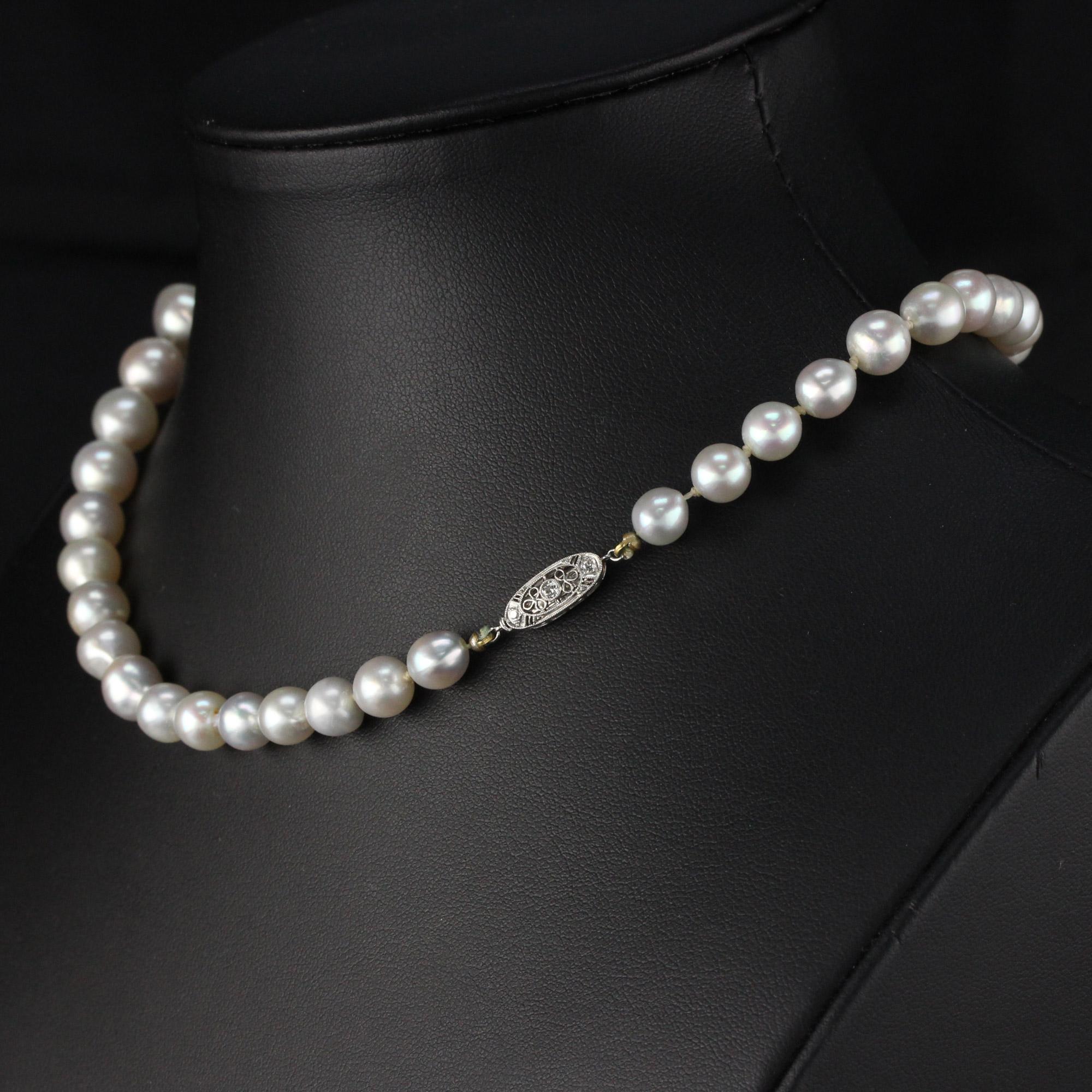 Single Cut Antique Art Deco Saltwater Akoya Pearl Necklace with Platinum Diamond Clasp, GI