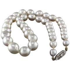 Antique Art Deco Saltwater Akoya Pearl Necklace with Platinum Diamond Clasp, GI