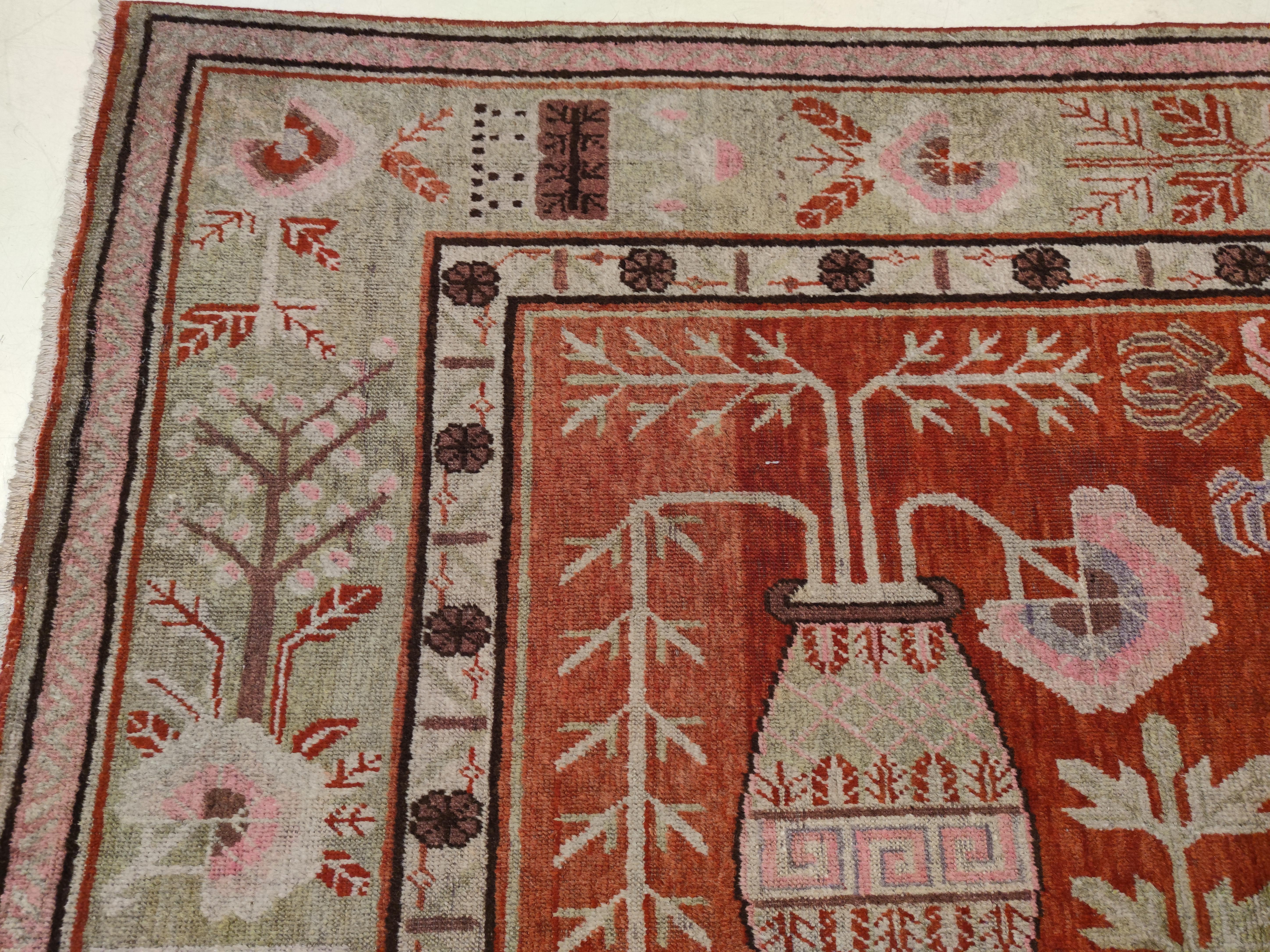 East Turkestani Antique Art Deco Samarkand Prestige Rug with Flowering Antique Chinese Vases For Sale