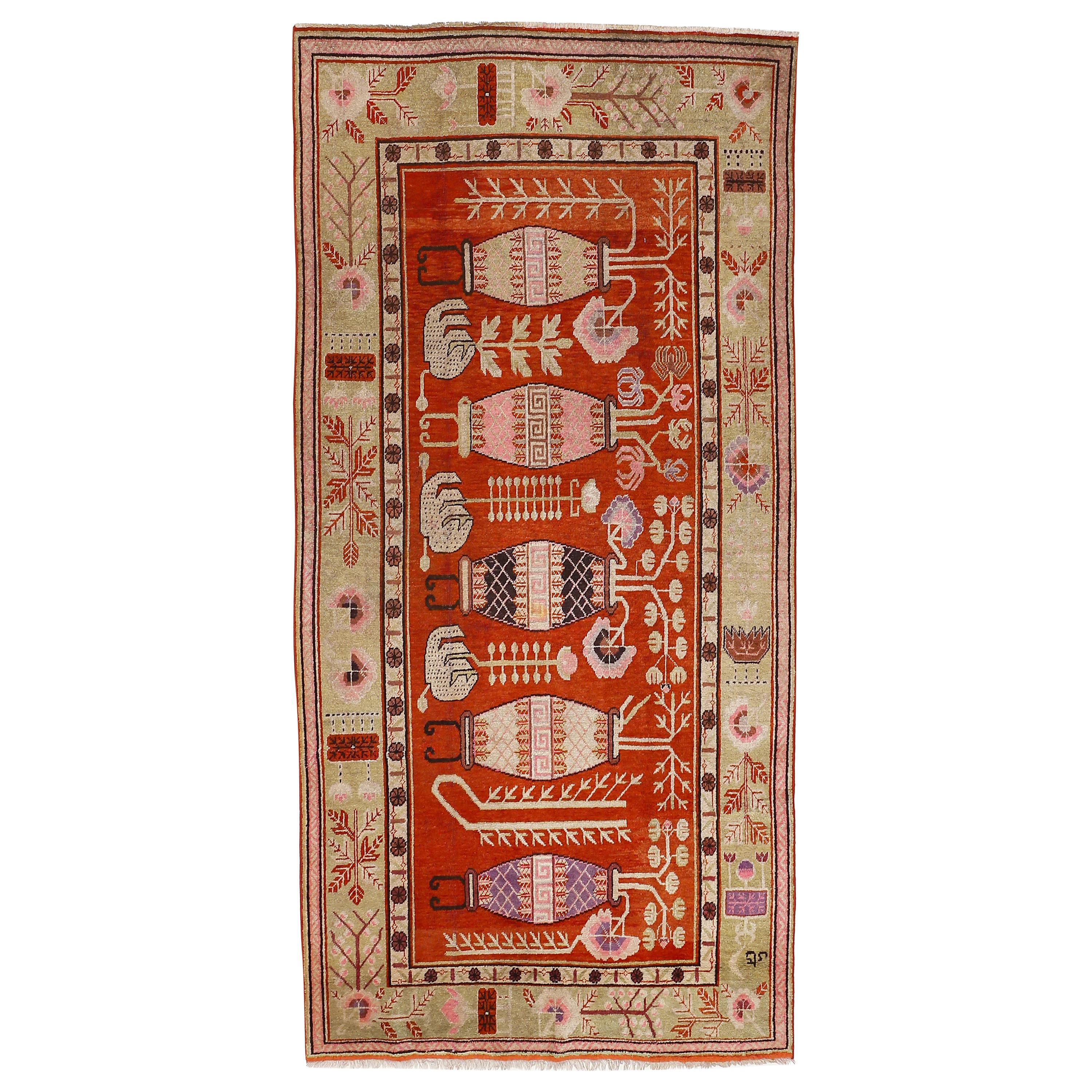 Antique Art Deco Samarkand Prestige Rug with Flowering Antique Chinese Vases For Sale