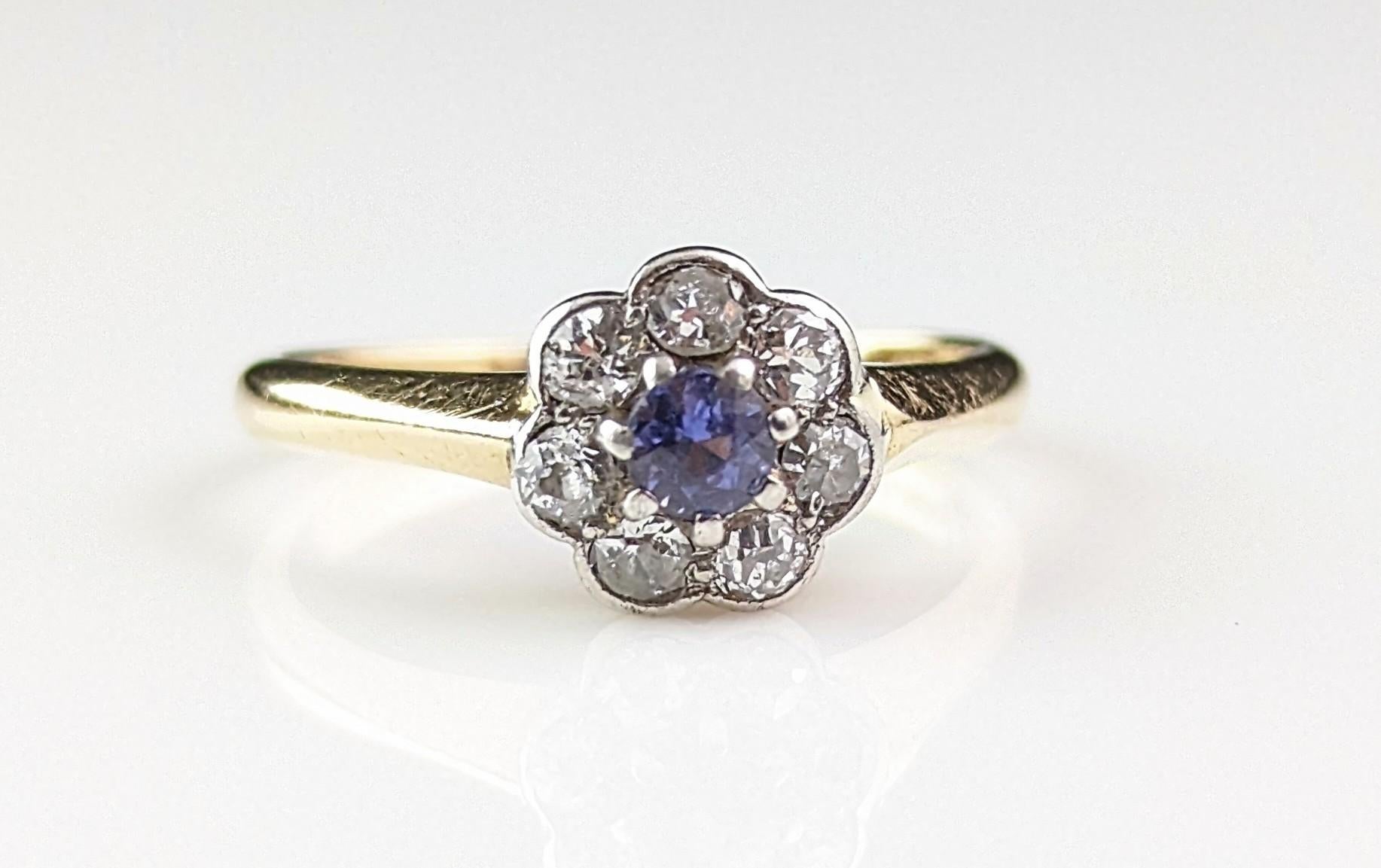 Antique Art Deco Sapphire and Diamond flower ring, 18k gold  5