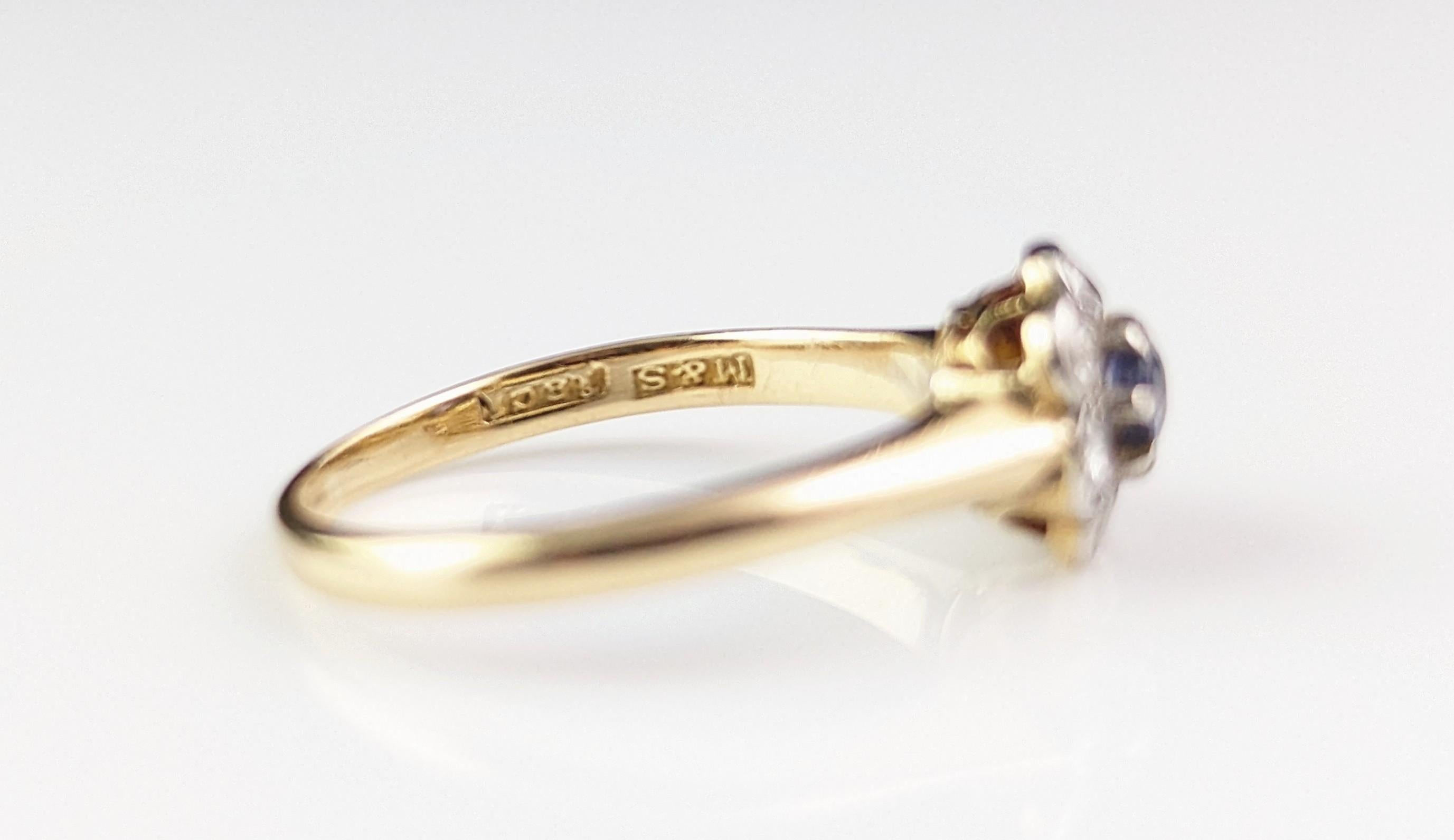 Antique Art Deco Sapphire and Diamond flower ring, 18k gold  6
