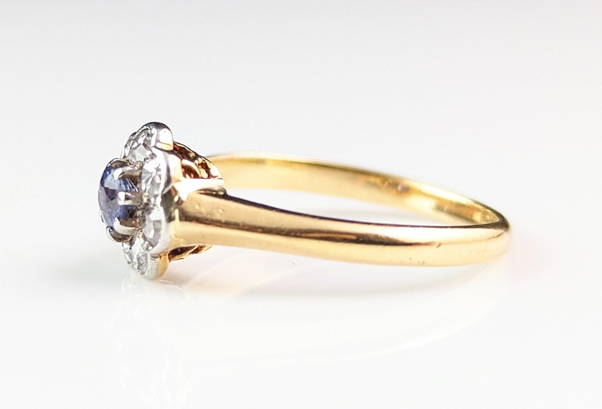 Antique Art Deco Sapphire and Diamond flower ring, 18k gold  7