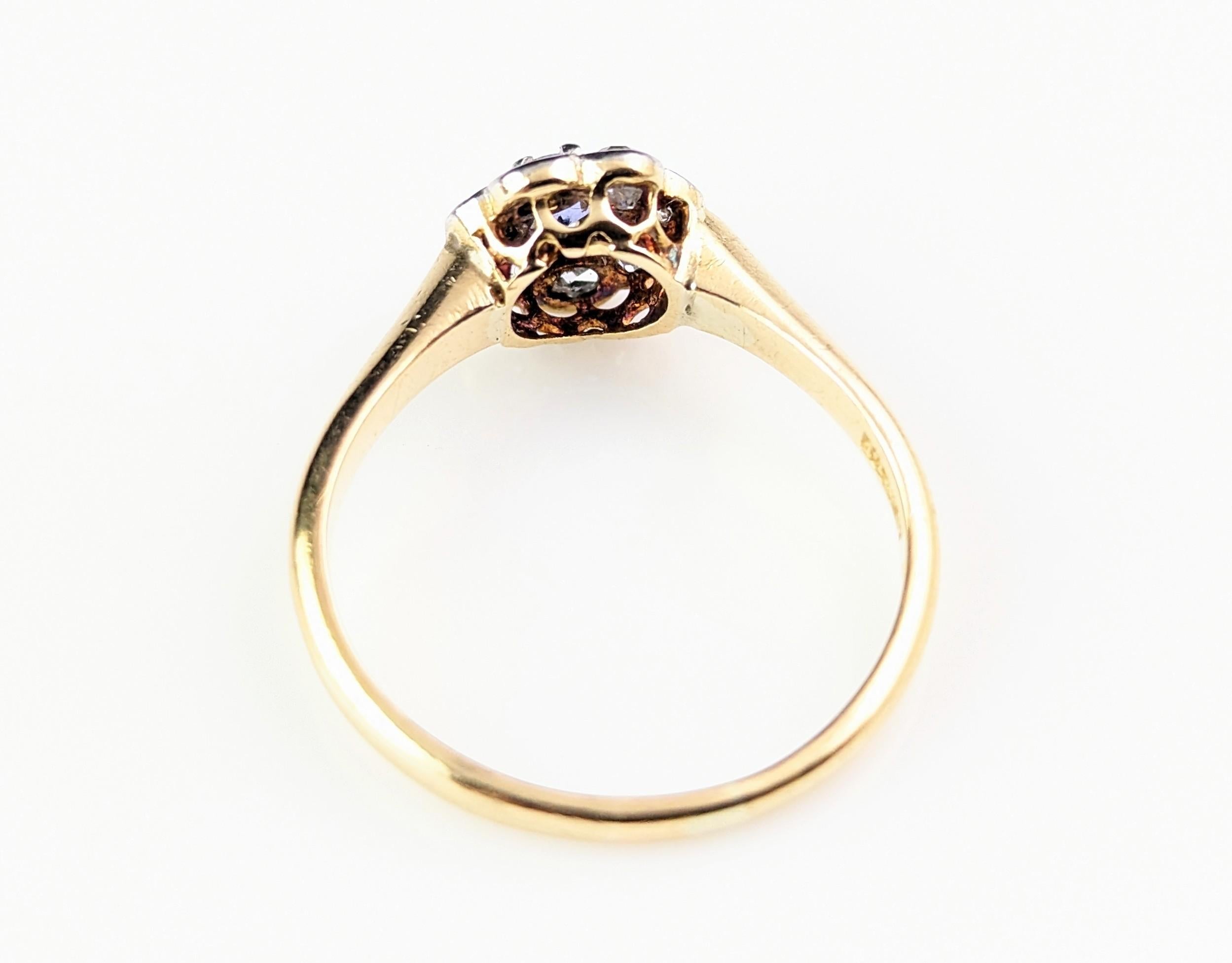 Antique Art Deco Sapphire and Diamond flower ring, 18k gold  8