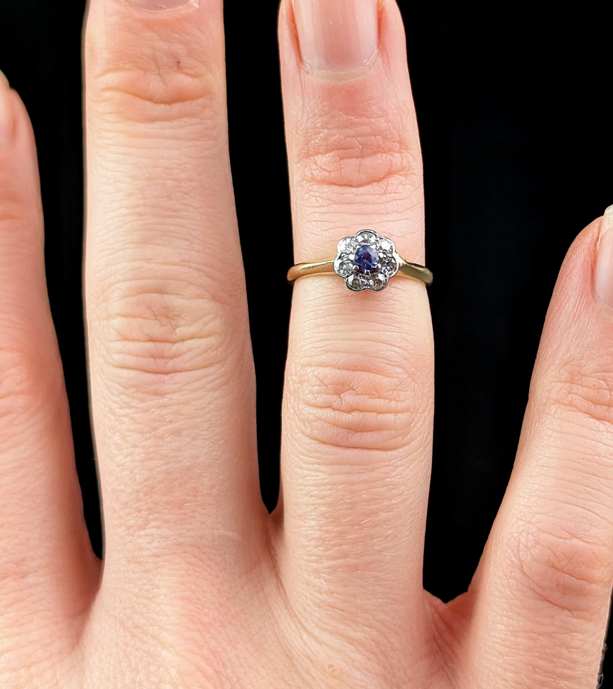 Antique Art Deco Sapphire and Diamond flower ring, 18k gold  1