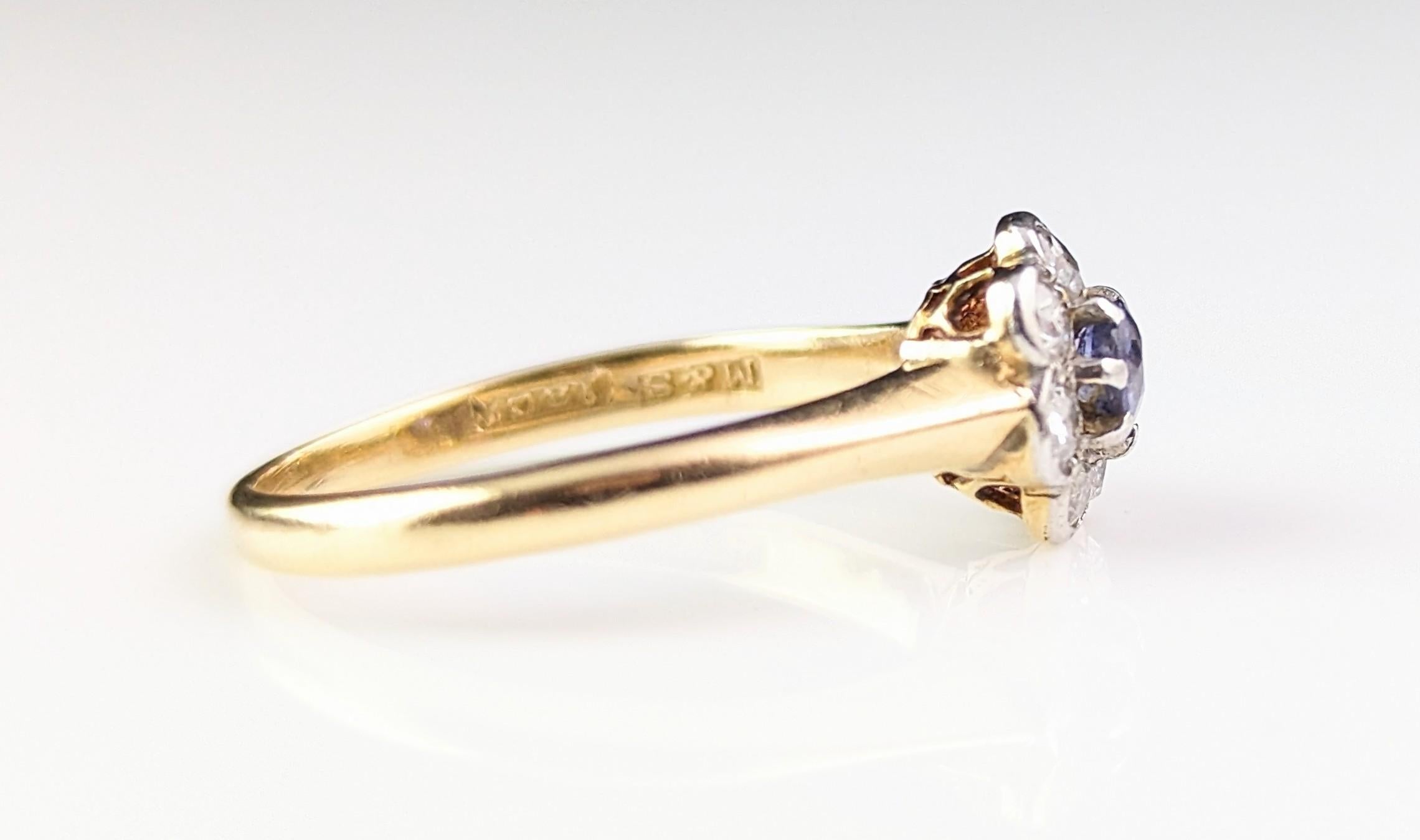 Antique Art Deco Sapphire and Diamond flower ring, 18k gold  4