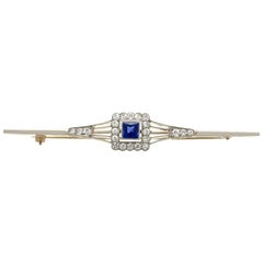 Antique Art Deco Sapphire and Diamond Yellow Gold Bar Brooch