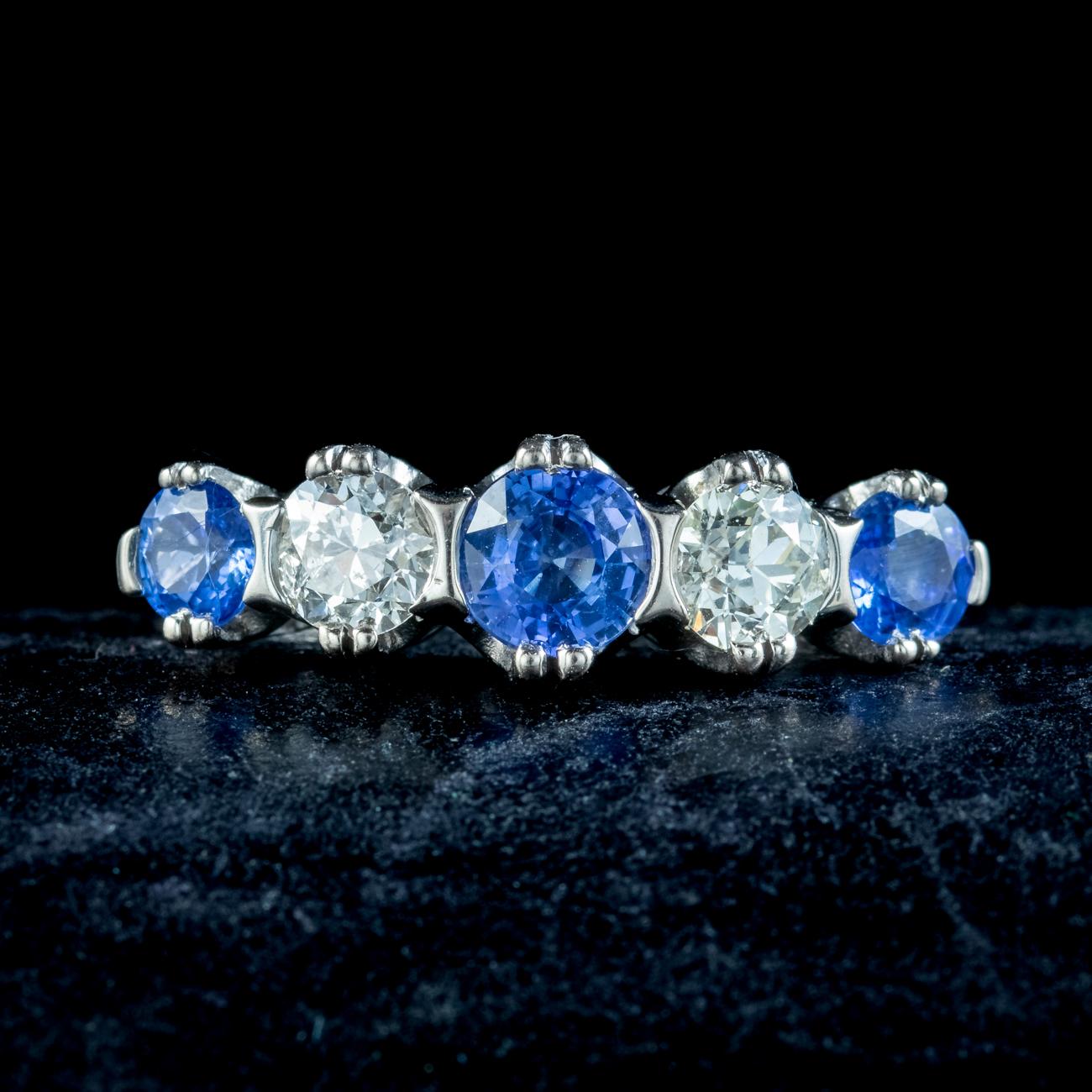 Antique Art Deco Sapphire Diamond Five Stone Ring 1ct Of Sapphire For Sale 2