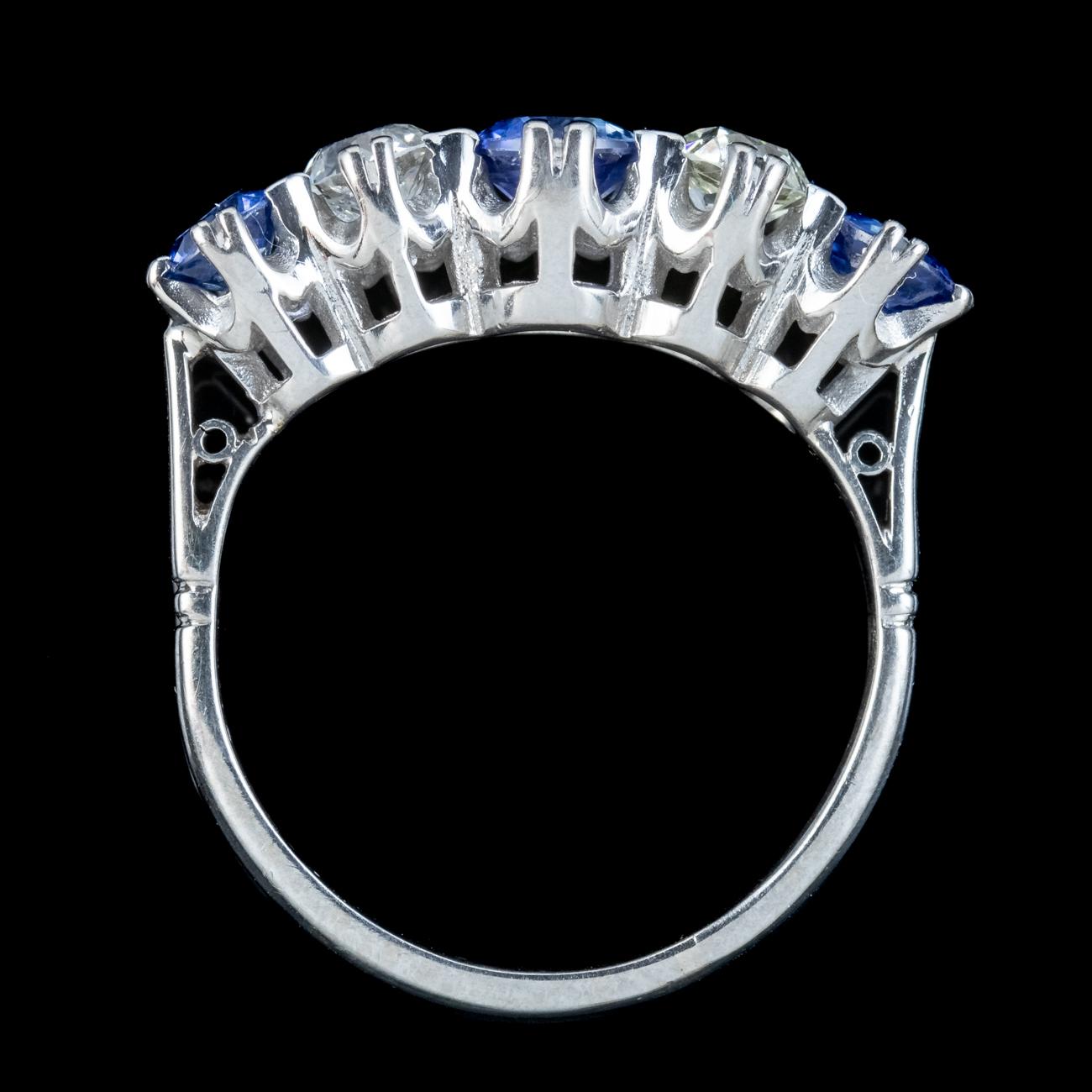 Old European Cut Antique Art Deco Sapphire Diamond Five Stone Ring 1ct Of Sapphire For Sale