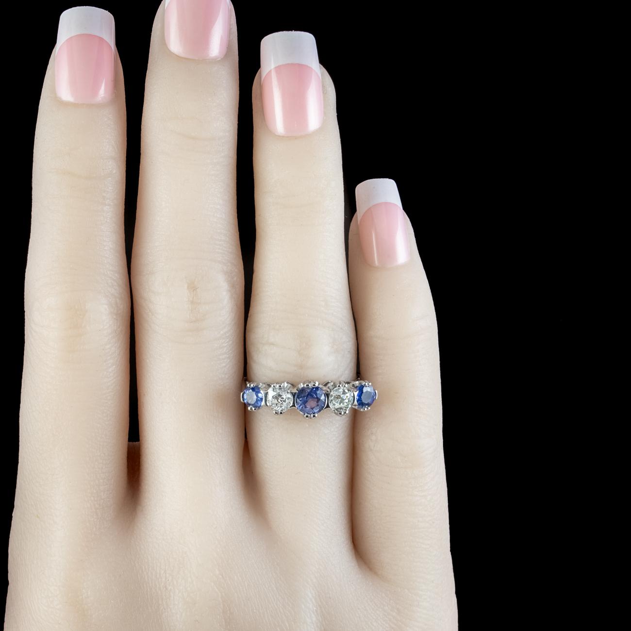 Antique Art Deco Sapphire Diamond Five Stone Ring 1ct Of Sapphire For Sale 1