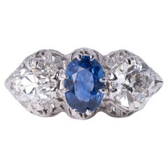 Antique Art Deco Sapphire & Diamond Three-Stone Filigree Engagement Ring