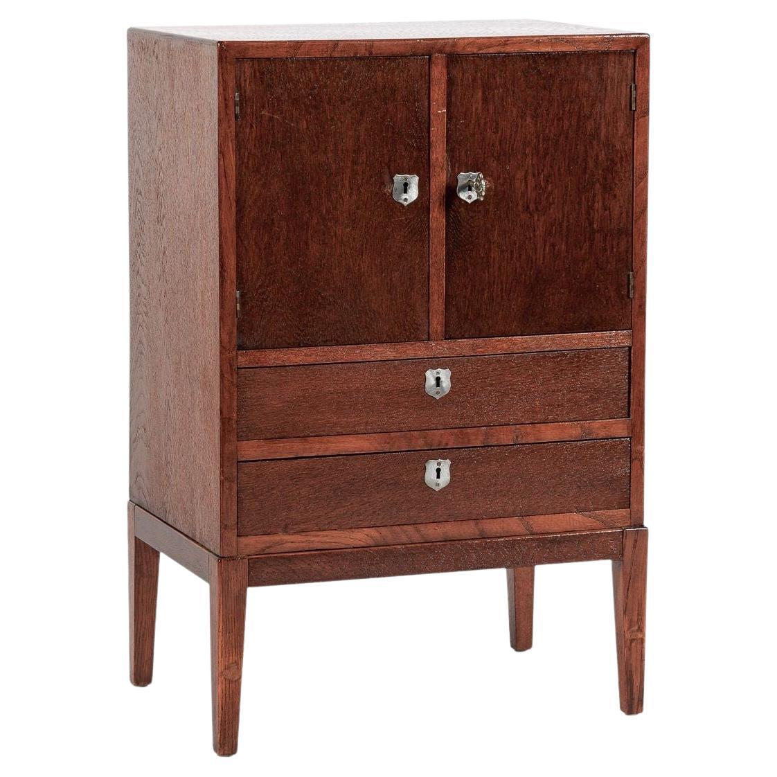 Antique Art Deco Scandinavian Small Oak Wood Side Cabinet or Nightstand 1950s