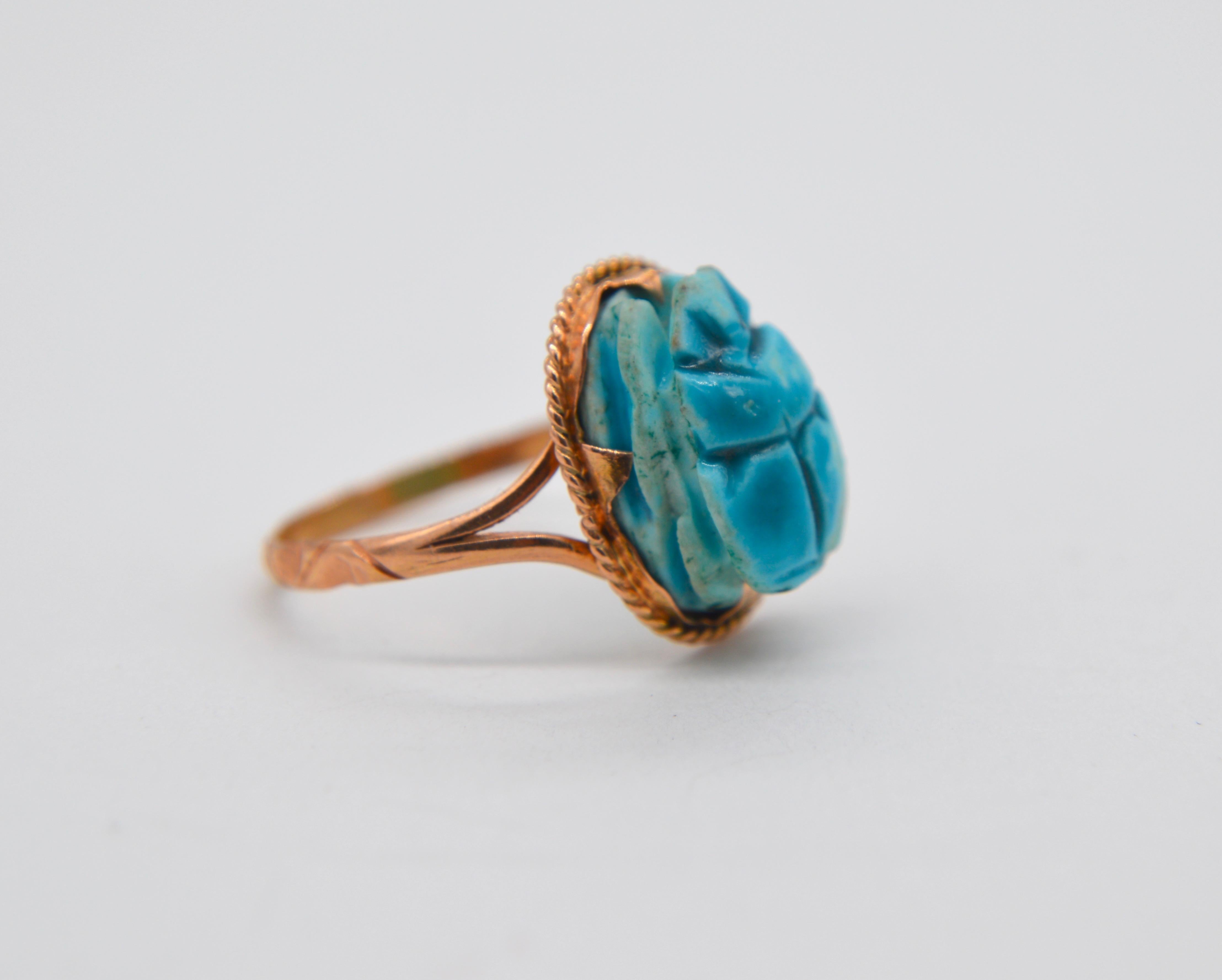 Antique Art Deco Scarab Faience Egyptian Revival 18 Karat Rose Gold Ring In Good Condition In Crownsville, MD