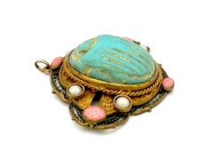 Antique Art Deco Scarab Pendant Egyptian Revival Gablonz Gilt Metal Glass