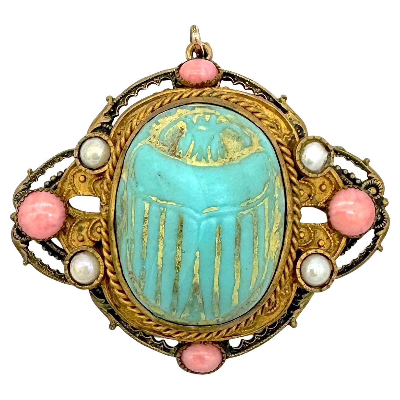 Antique Art Deco Scarab Pendant Egyptian Revival Gablonz Gilt Metal Glass