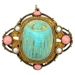 Antique Art Deco Scarab Pendant Egyptian Revival Gablonz Gilt Metal Glass