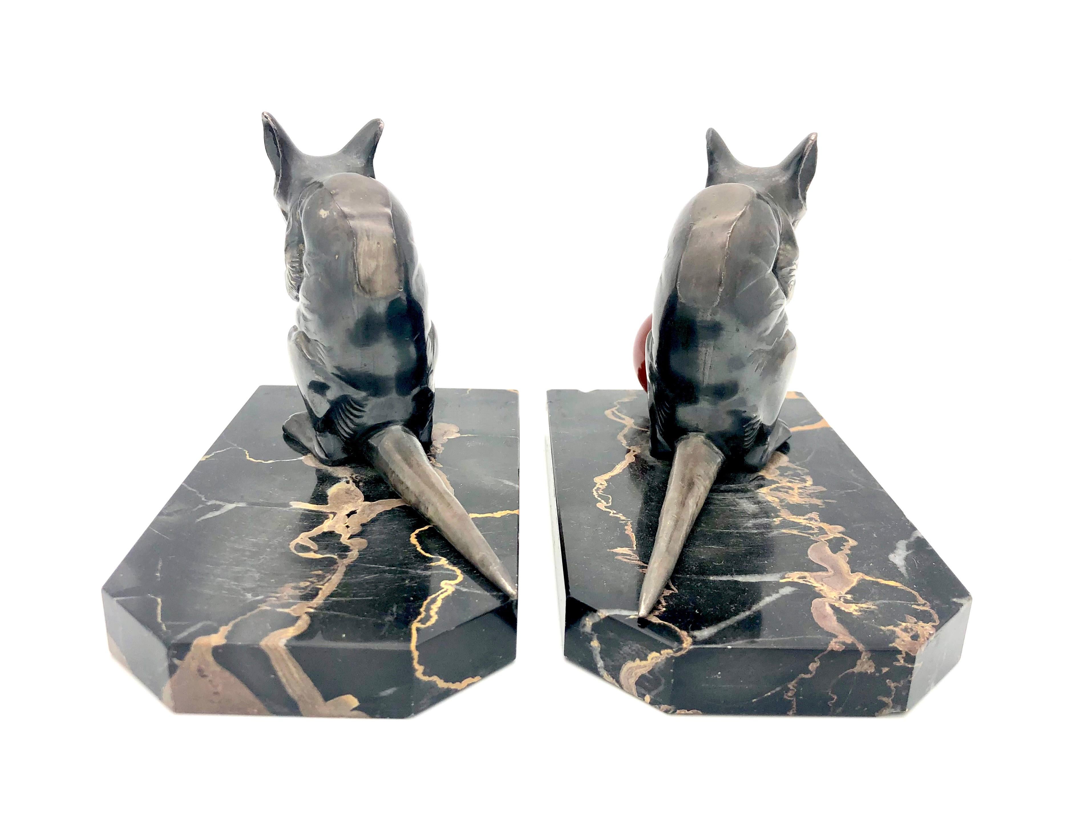 French Antique Art Deco Sculpture Mice Signed H. Moreau Metal Bakelite Marble Bookends  For Sale