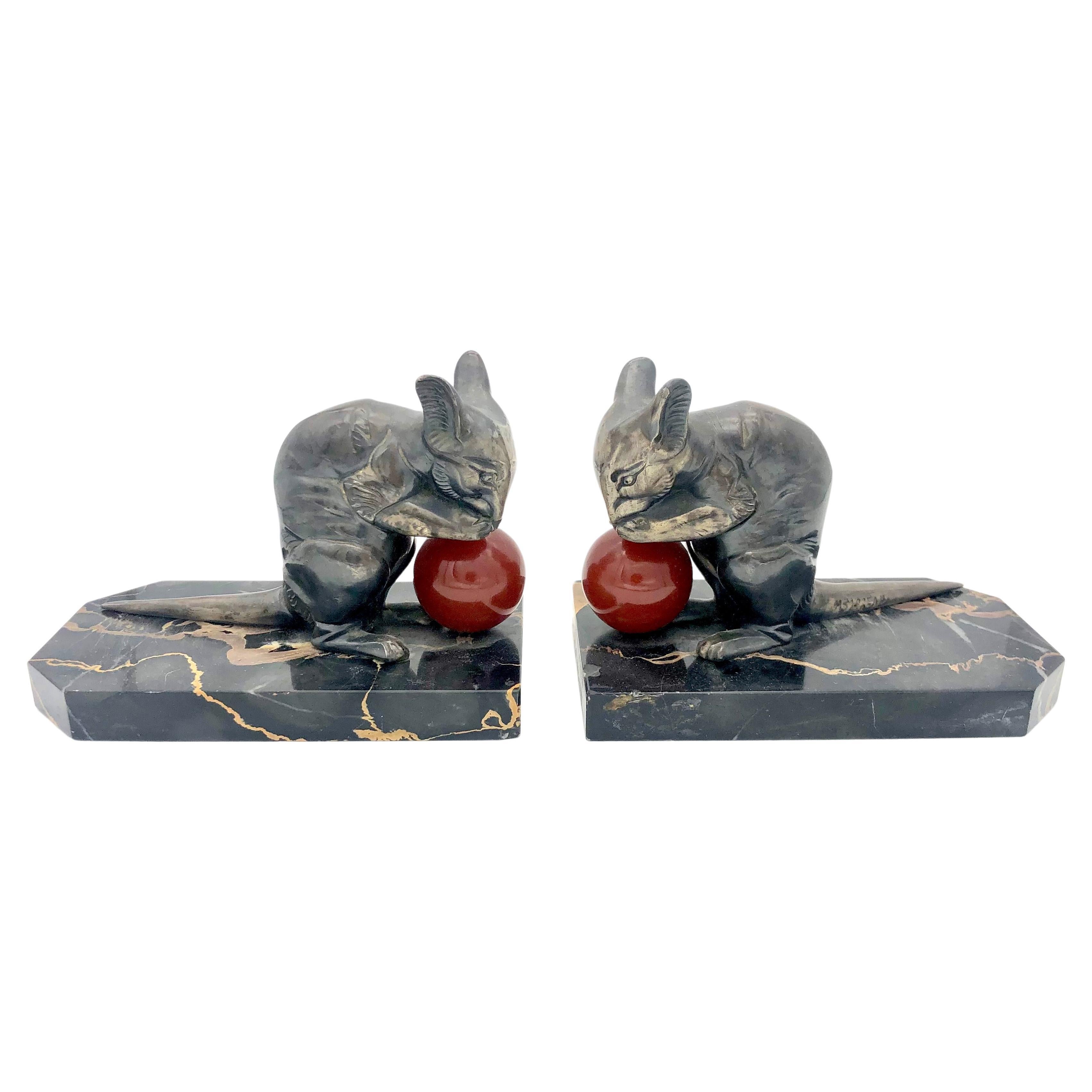 Antique Art Deco Sculpture Mice Signed H. Moreau Metal Bakelite Marble Bookends  For Sale