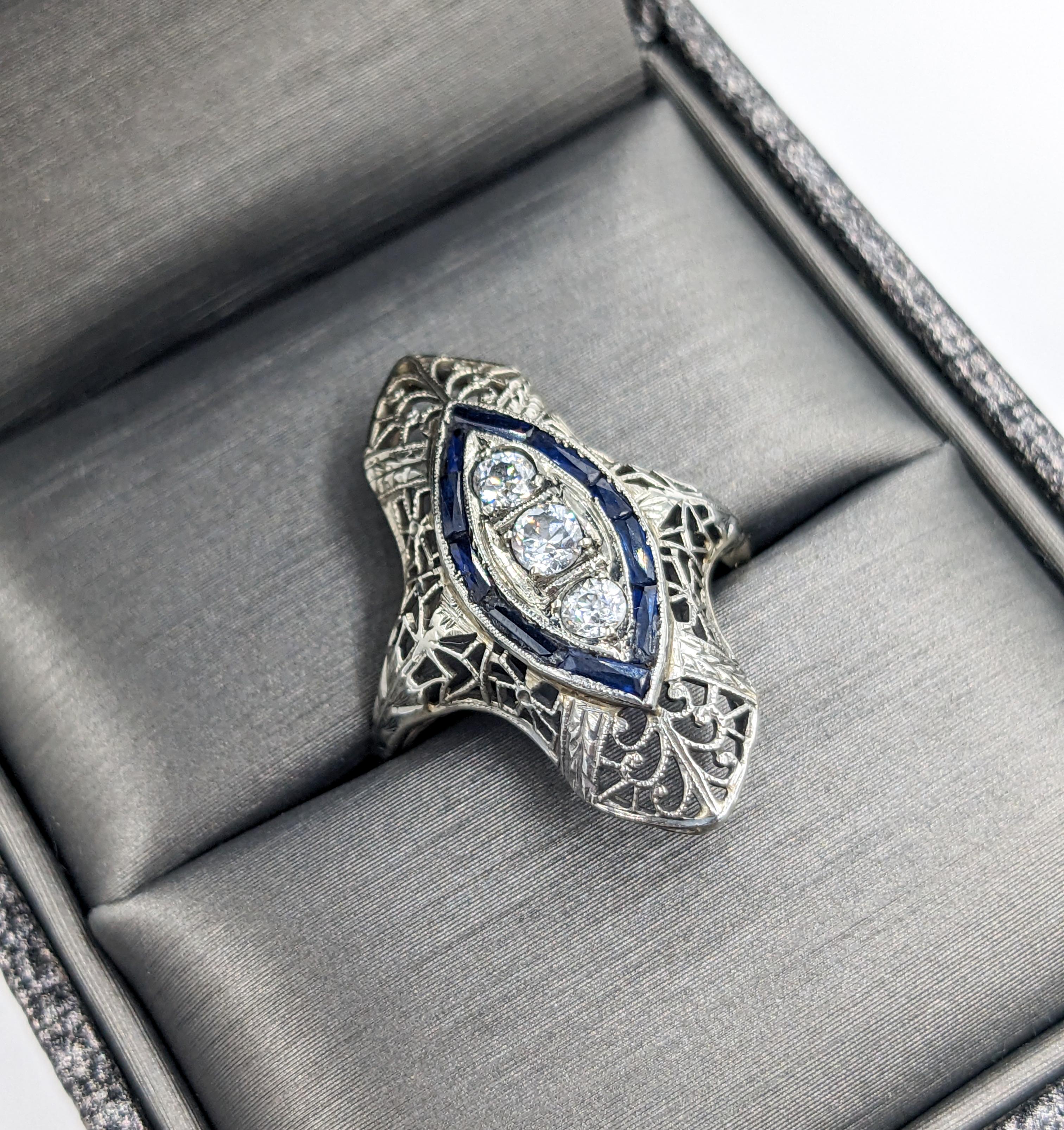 Antiker Art-Déco-Schildkrötenring mit alten europäischen Diamanten und Saphiren 18K (Art déco)