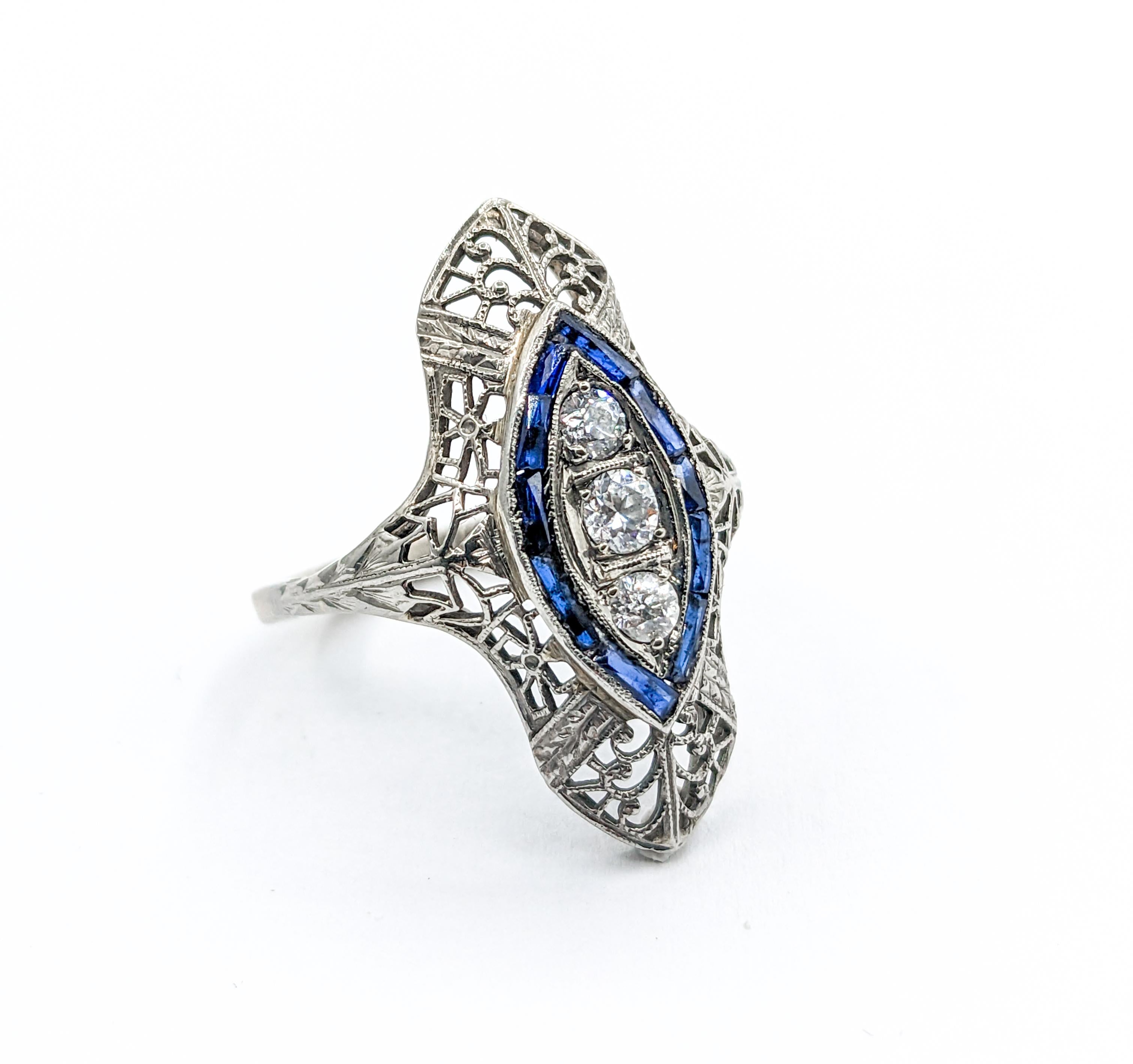 Antiker Art-Déco-Schildkrötenring mit alten europäischen Diamanten und Saphiren 18K für Damen oder Herren