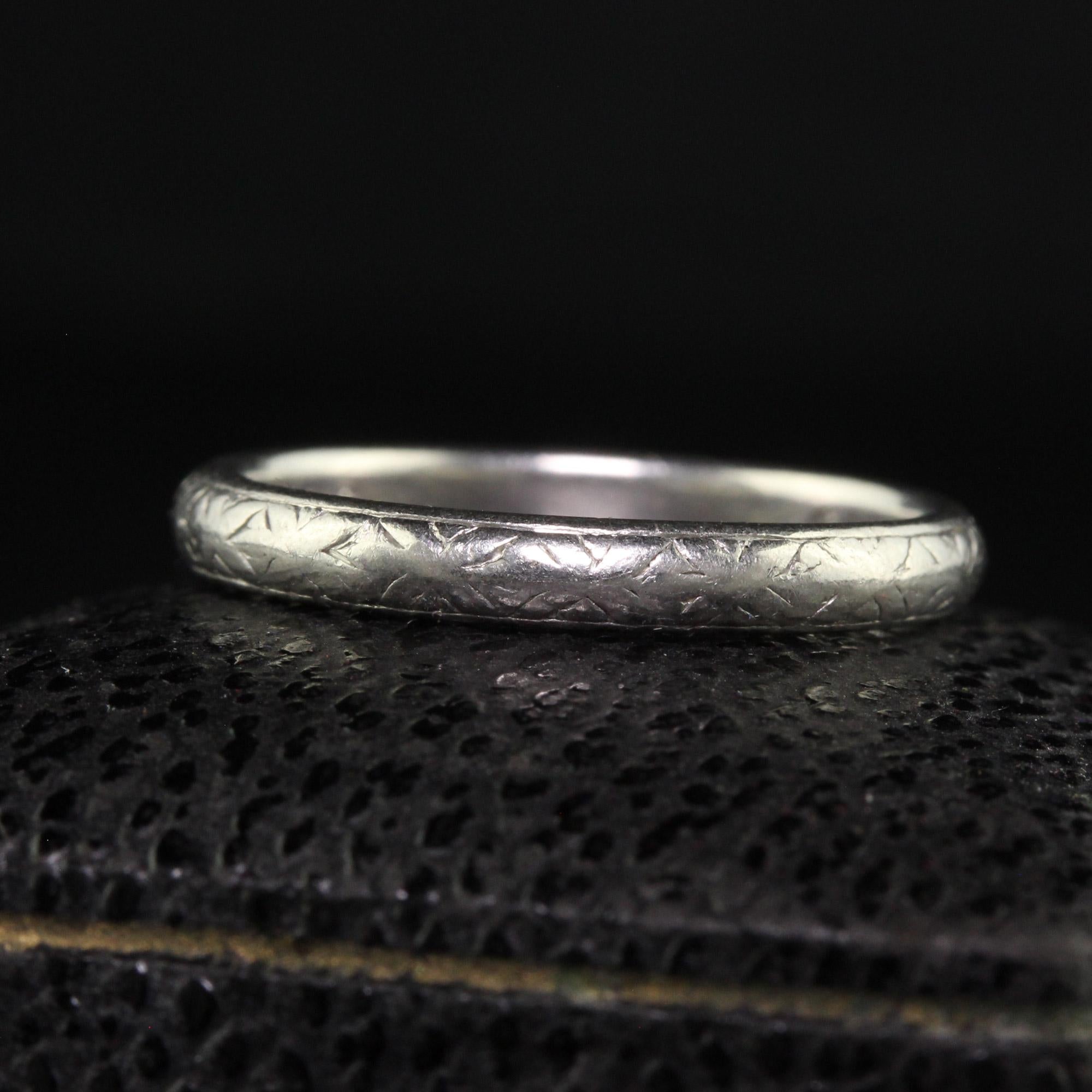 Beautiful Antique Art Deco Shreve and Co Platinum Engraved Wedding Band - Size 7. This beautiful Shreve and Co wedding band is crafted in platinum. The ring has faint engravings going around the entire ring and is in great condition. The inside of