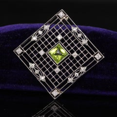 Antique Art Deco Shreve and Co Platinum French Cut Peridot Diamond Filigree Pin