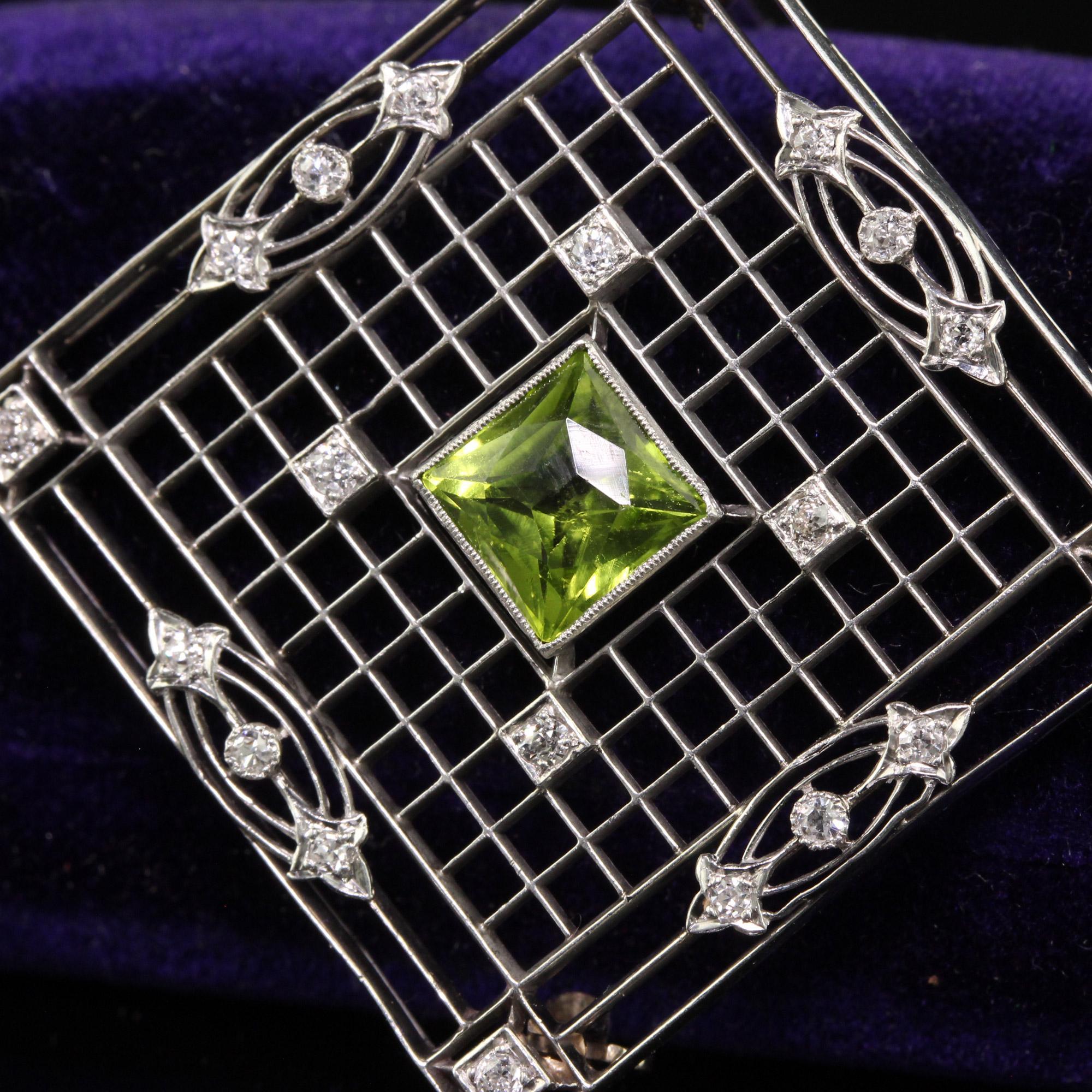 Women's Antique Art Deco Shreve and Co Platinum French Cut Peridot Diamond Filigree Pin For Sale