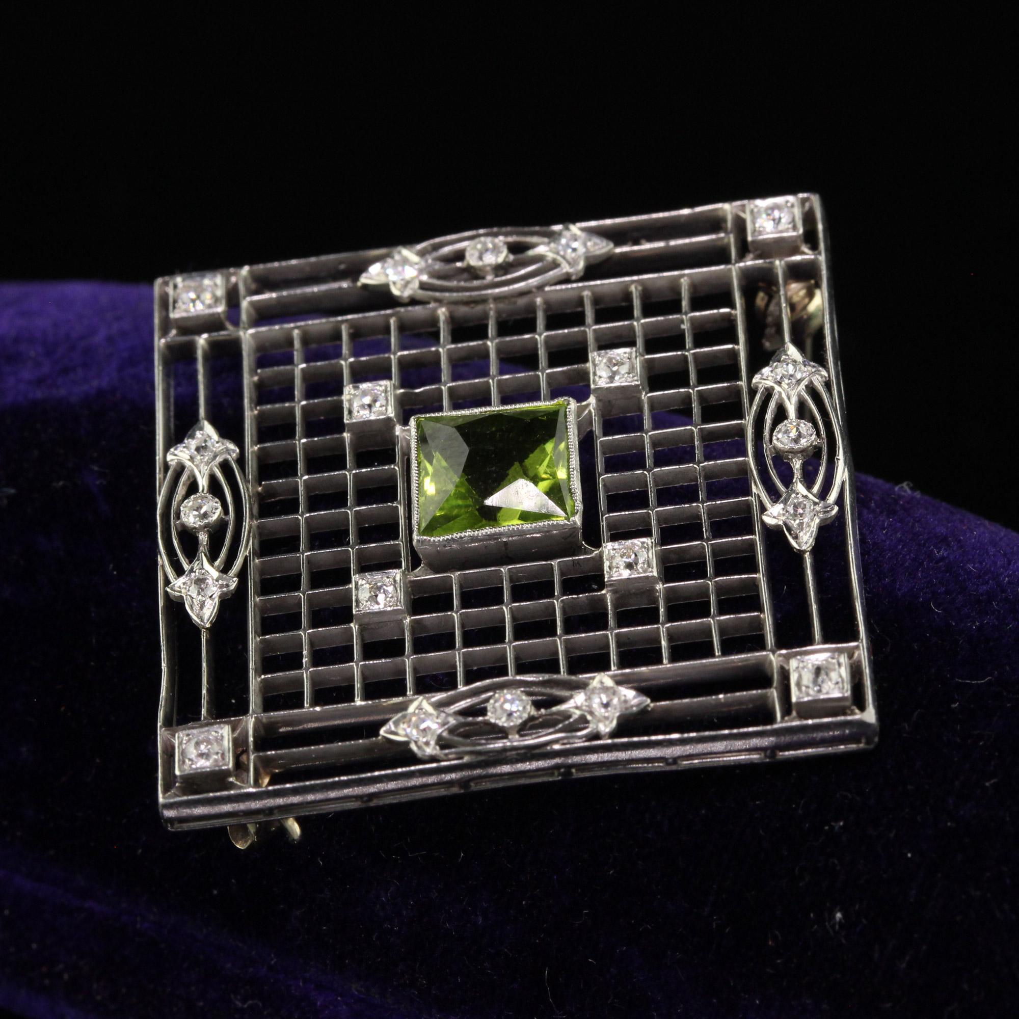 Antique Art Deco Shreve and Co Platinum French Cut Peridot Diamond Filigree Pin For Sale 2