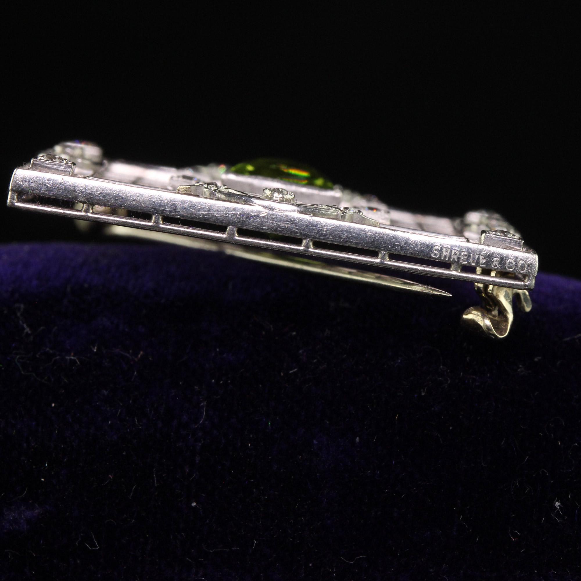 Antique Art Deco Shreve and Co Platinum French Cut Peridot Diamond Filigree Pin For Sale 3