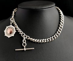 Antique Art Deco Silver Albert Chain, Chunky Curb Link, Fob
