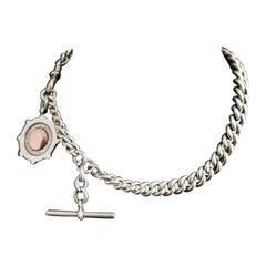 Antique Art Deco Silver Albert Chain, Chunky Curb Link, Fob