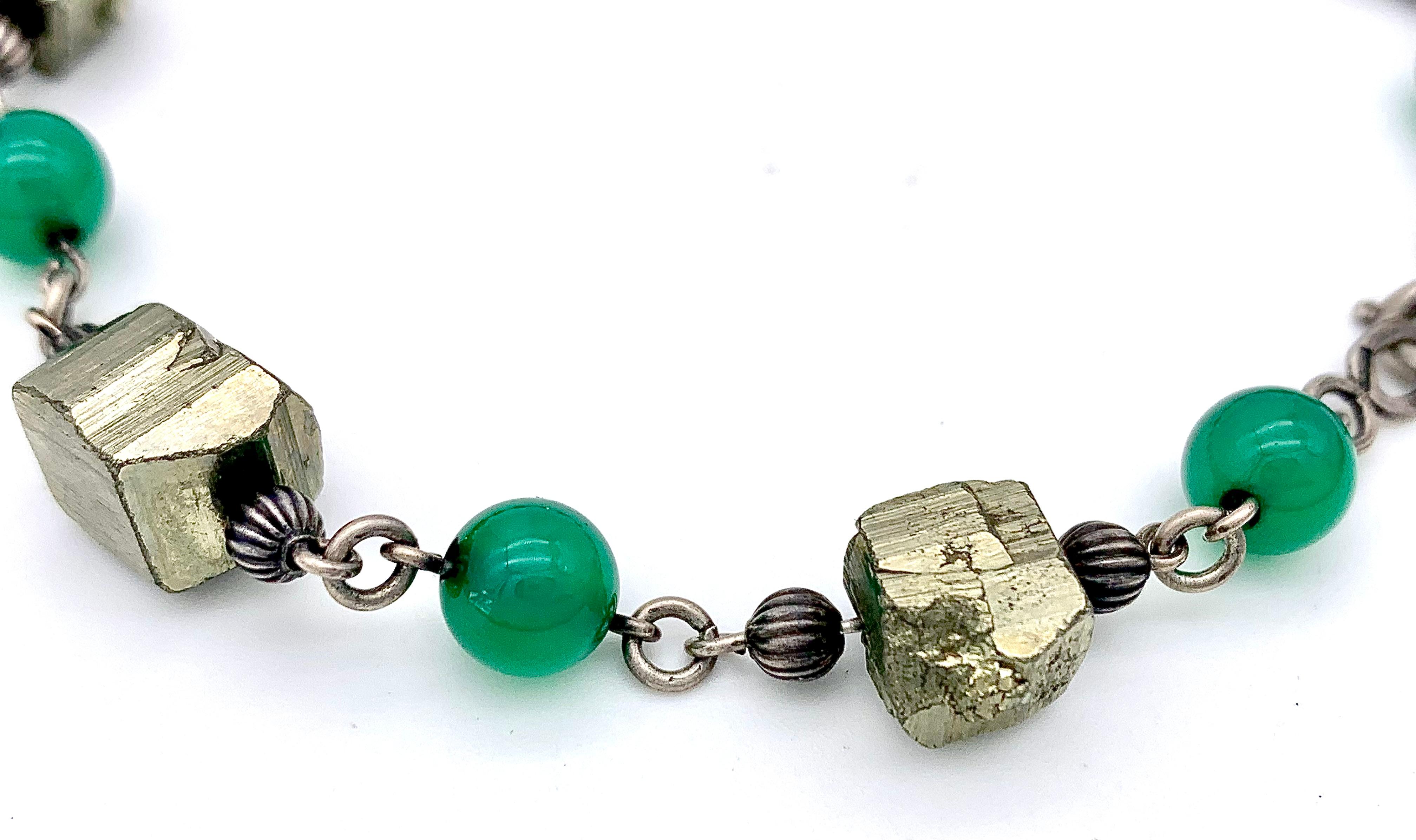 Mixed Cut Antique Art Deco Silver Bracelet Anklet Chalcedony Beads Pyrite For Sale