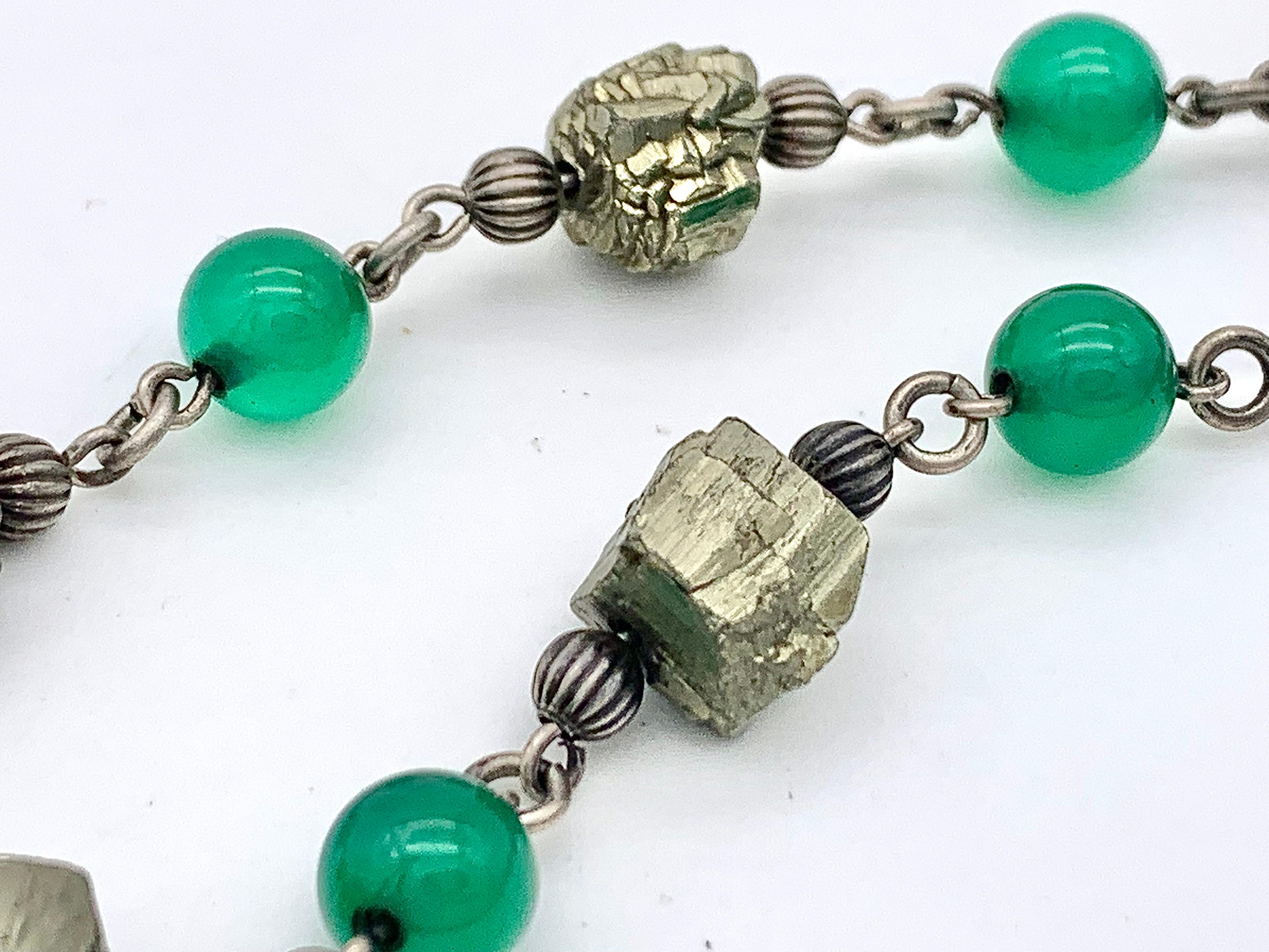 Women's Antique Art Deco Silver Bracelet Anklet Chalcedony Beads Pyrite For Sale