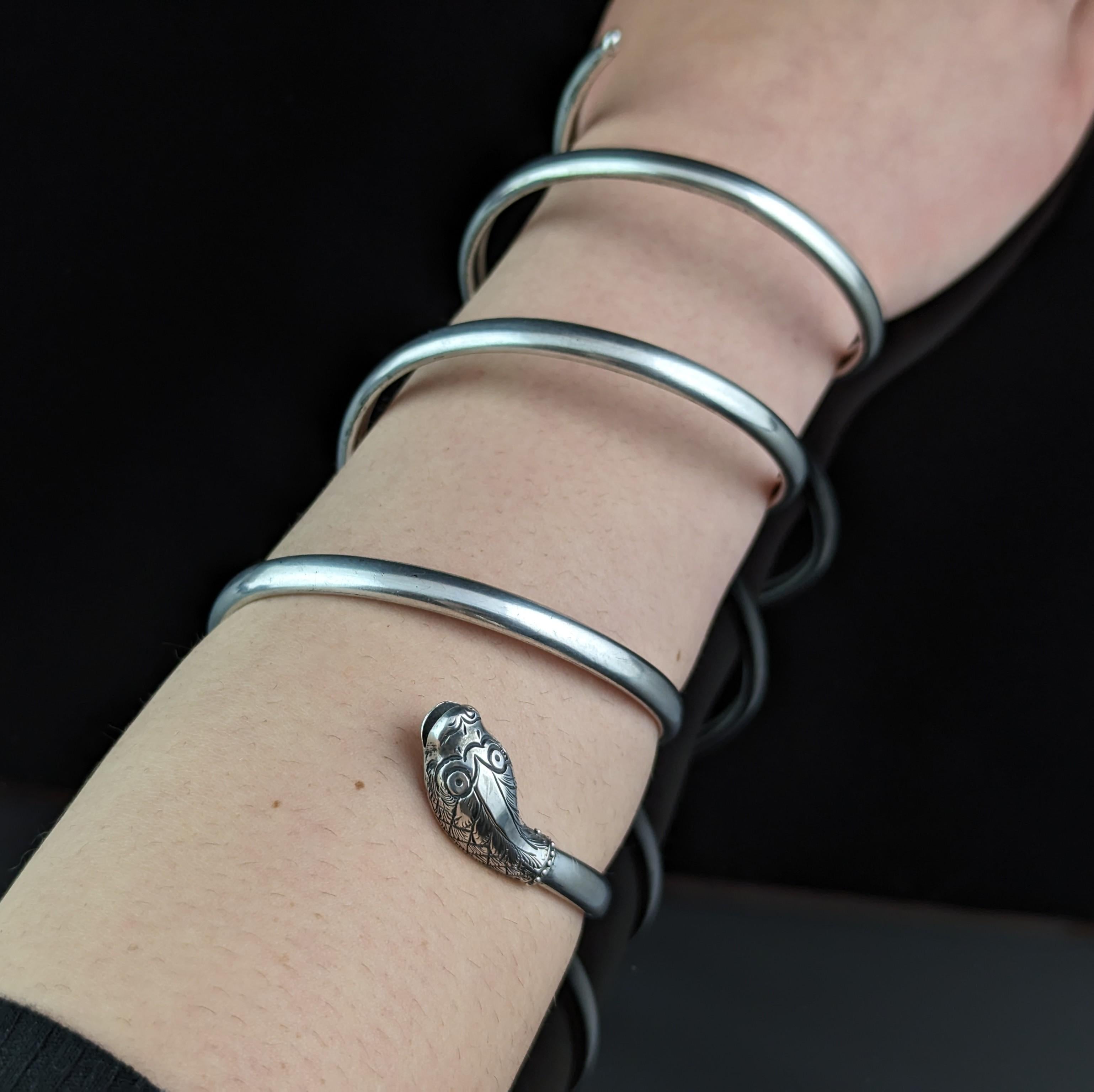 Antique Art Deco silver coiled snake arm bangle, armlet  In Good Condition In NEWARK, GB