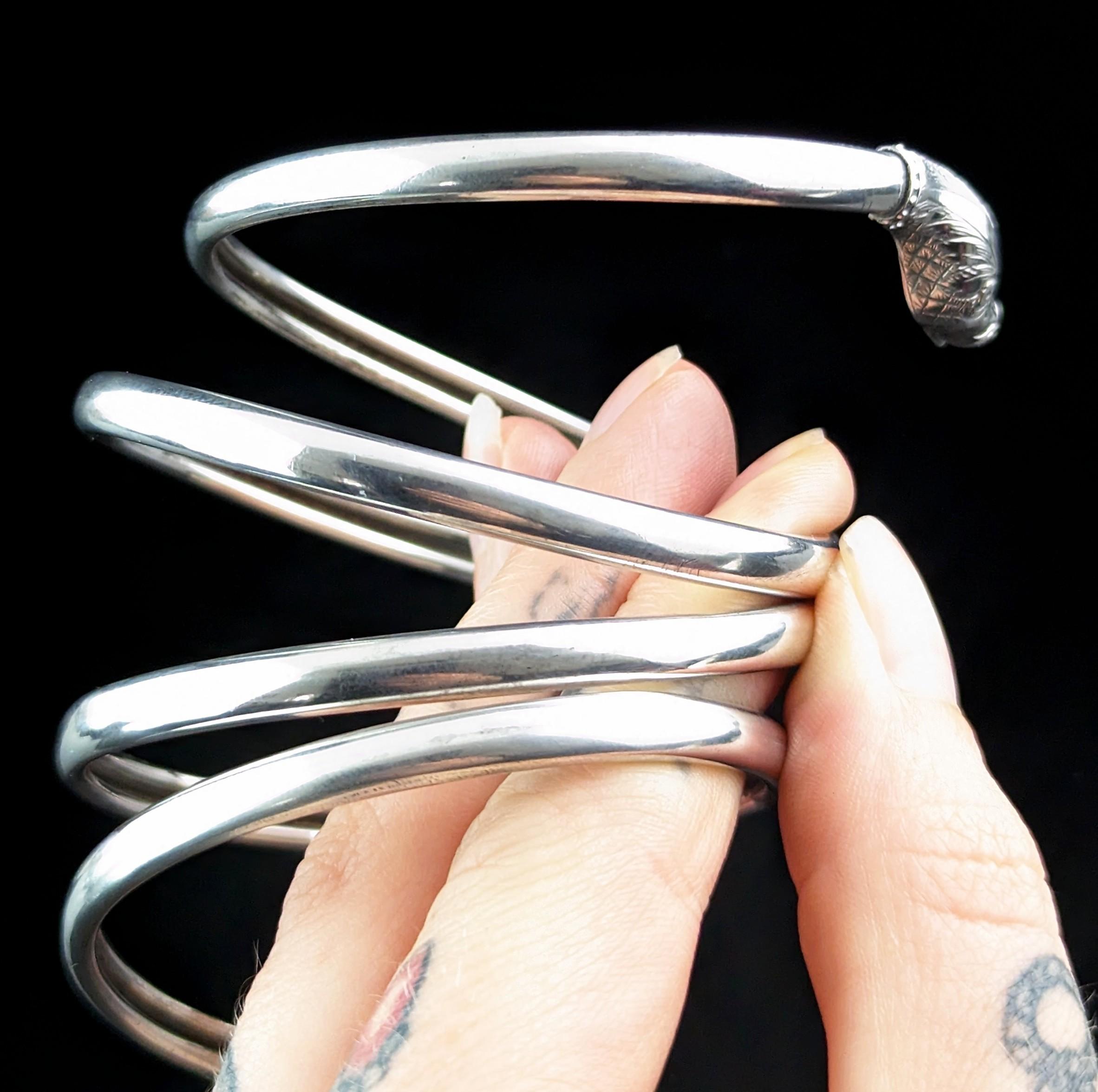 Antique Art Deco silver coiled snake arm bangle, armlet  4