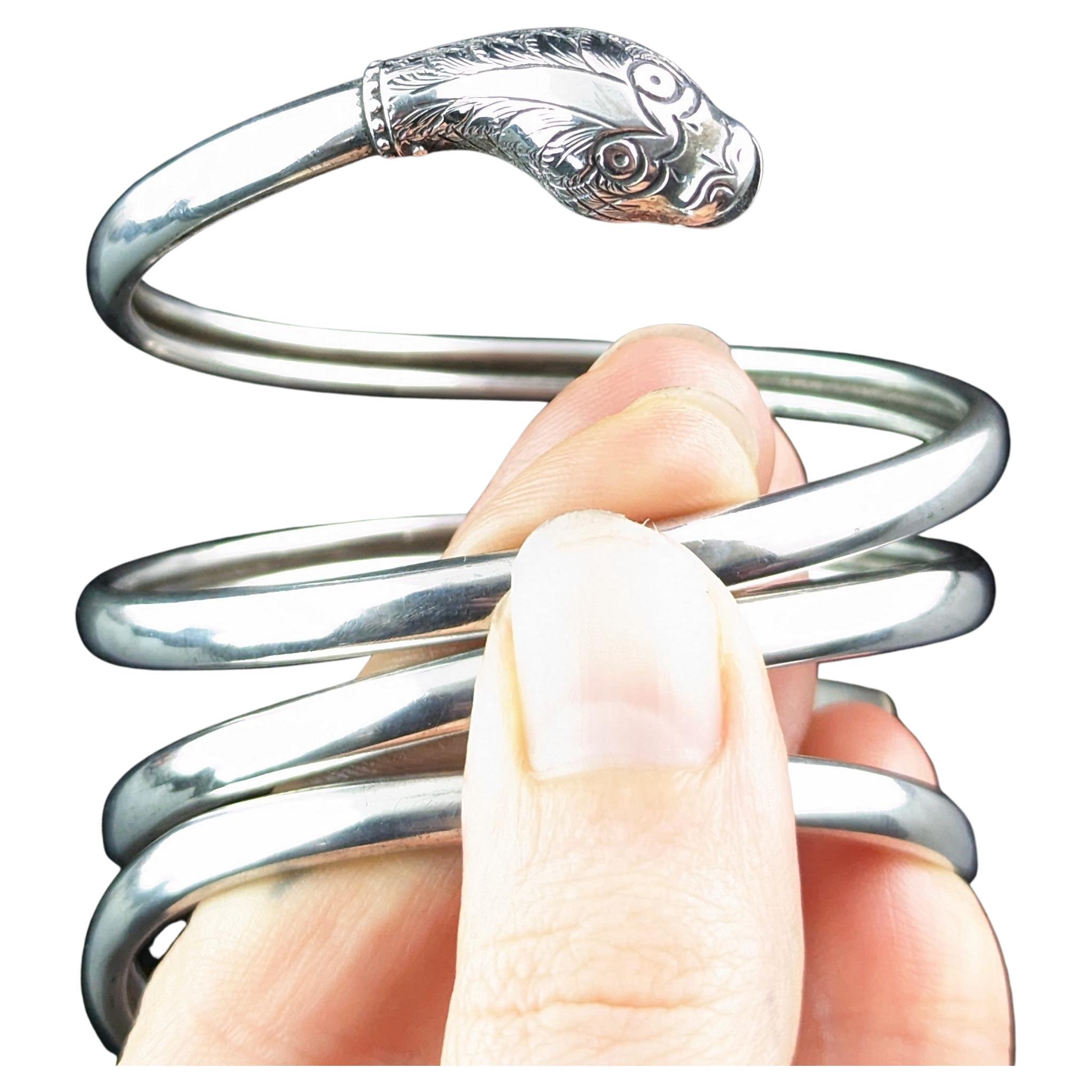 Antique Art Deco silver coiled snake arm bangle, armlet 