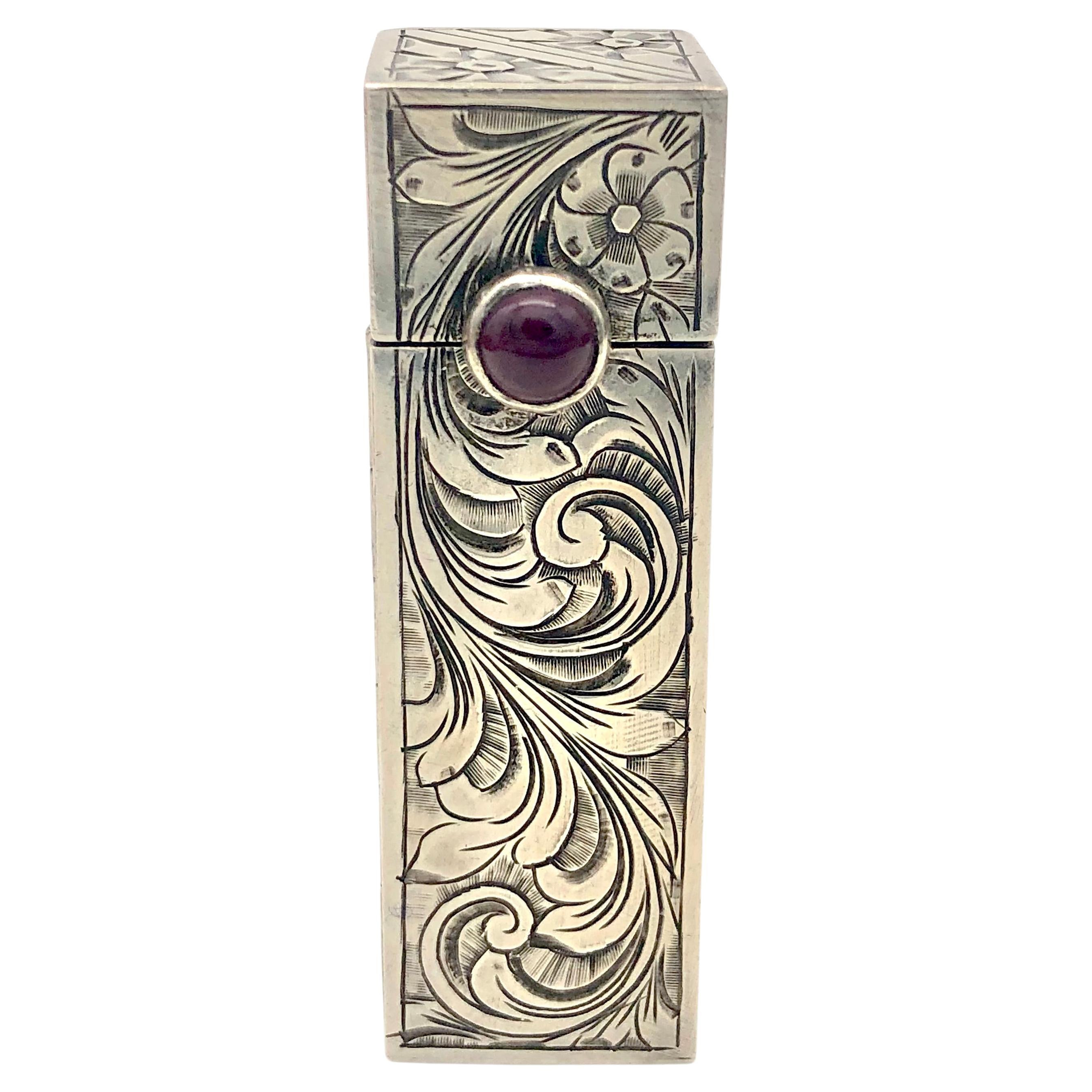 Antike Art Deco Silber Lippenstifthalter mit Spiegel Amethyst Cabochon   im Angebot