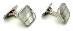 Antique Art Deco Silver Mother Of pearl Cufflinks Geometric Design