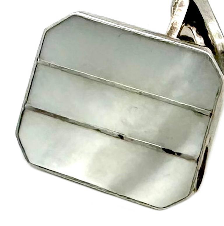Antike Art Deco Silber Perlmutt Manschettenknöpfe Geometrisches Design Geometrisches Design (Art déco) im Angebot