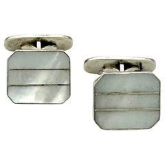 Antique Art Deco Silver Mother Of pearl Cufflinks Geometric Design