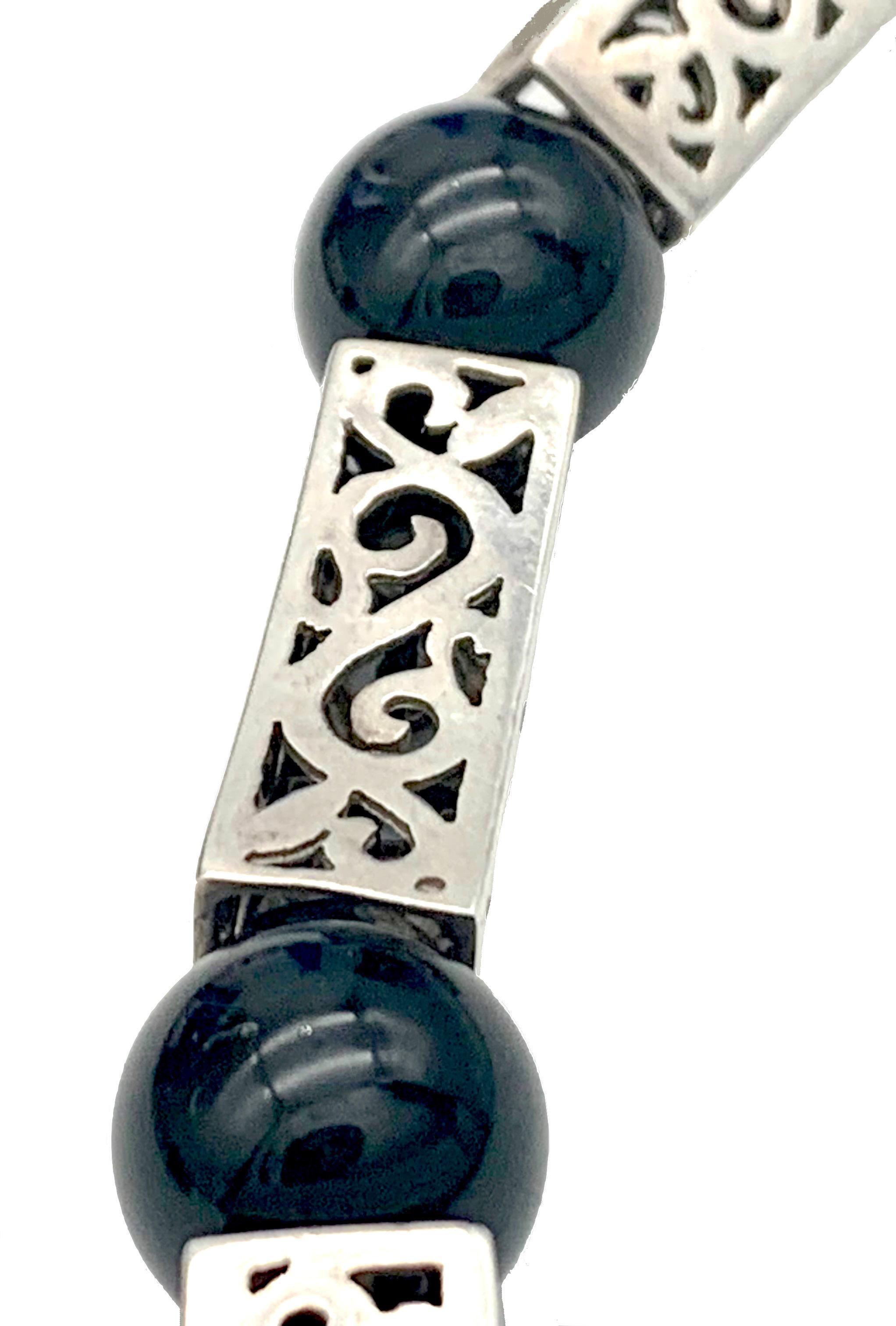 Women's Antique Art Deco Silver Onyx Beads Ornamental Link Necklace  For Sale