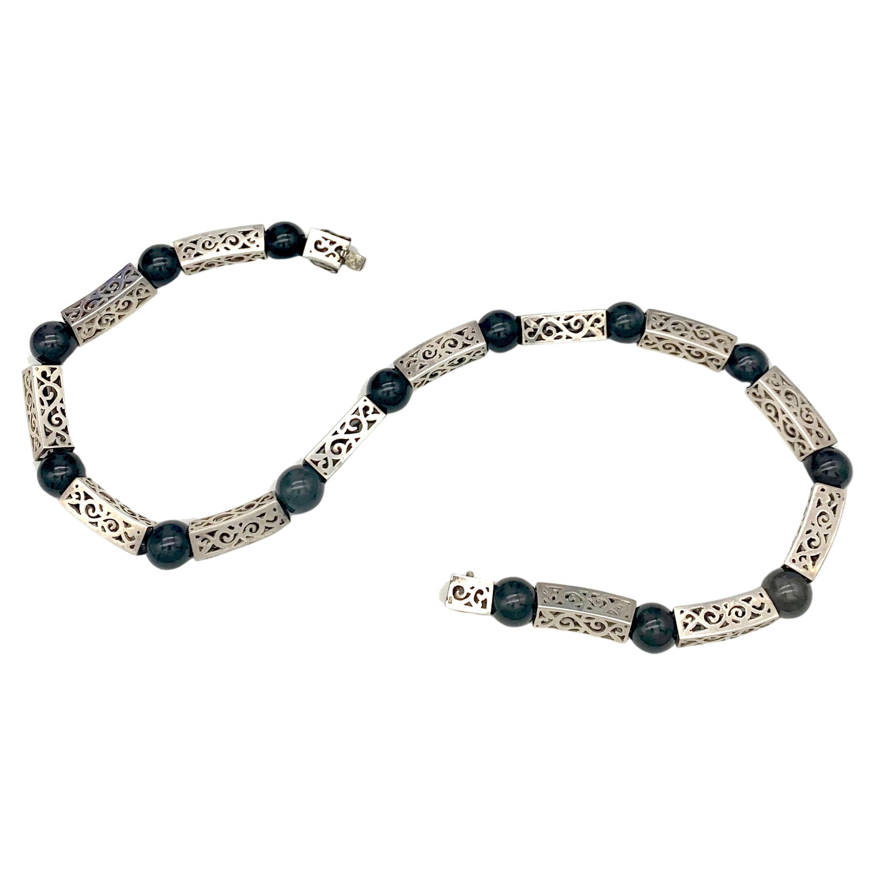 Antique Art Deco Silver Onyx Beads Ornamental Link Necklace  For Sale