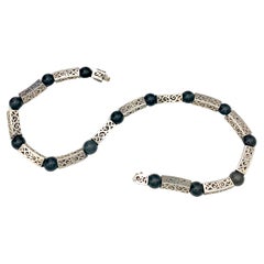 Antique Art Deco Silver Onyx Beads Ornamental Link Necklace 